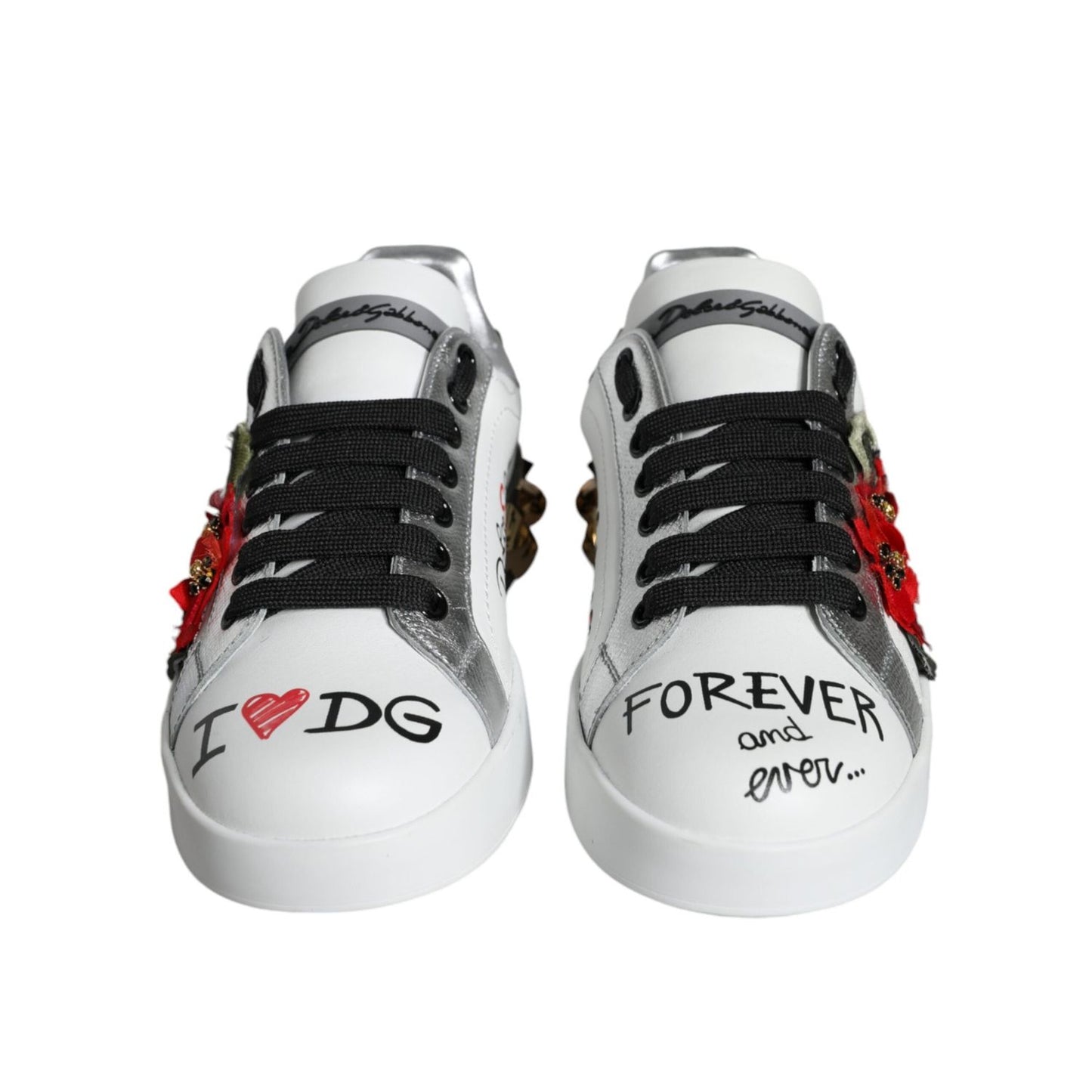 Dolce & Gabbana White Leather Floral Studded Sneakers Shoes LA11664-35