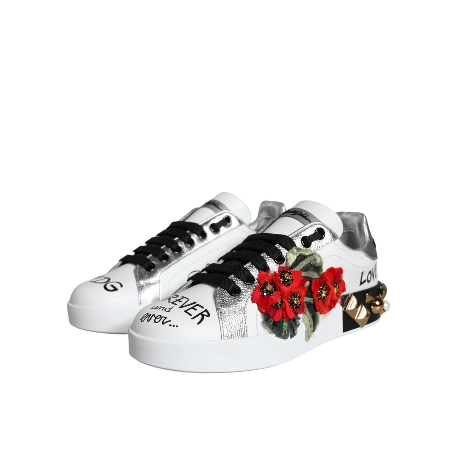 Dolce & Gabbana White Leather Floral Studded Sneakers Shoes LA11664-35
