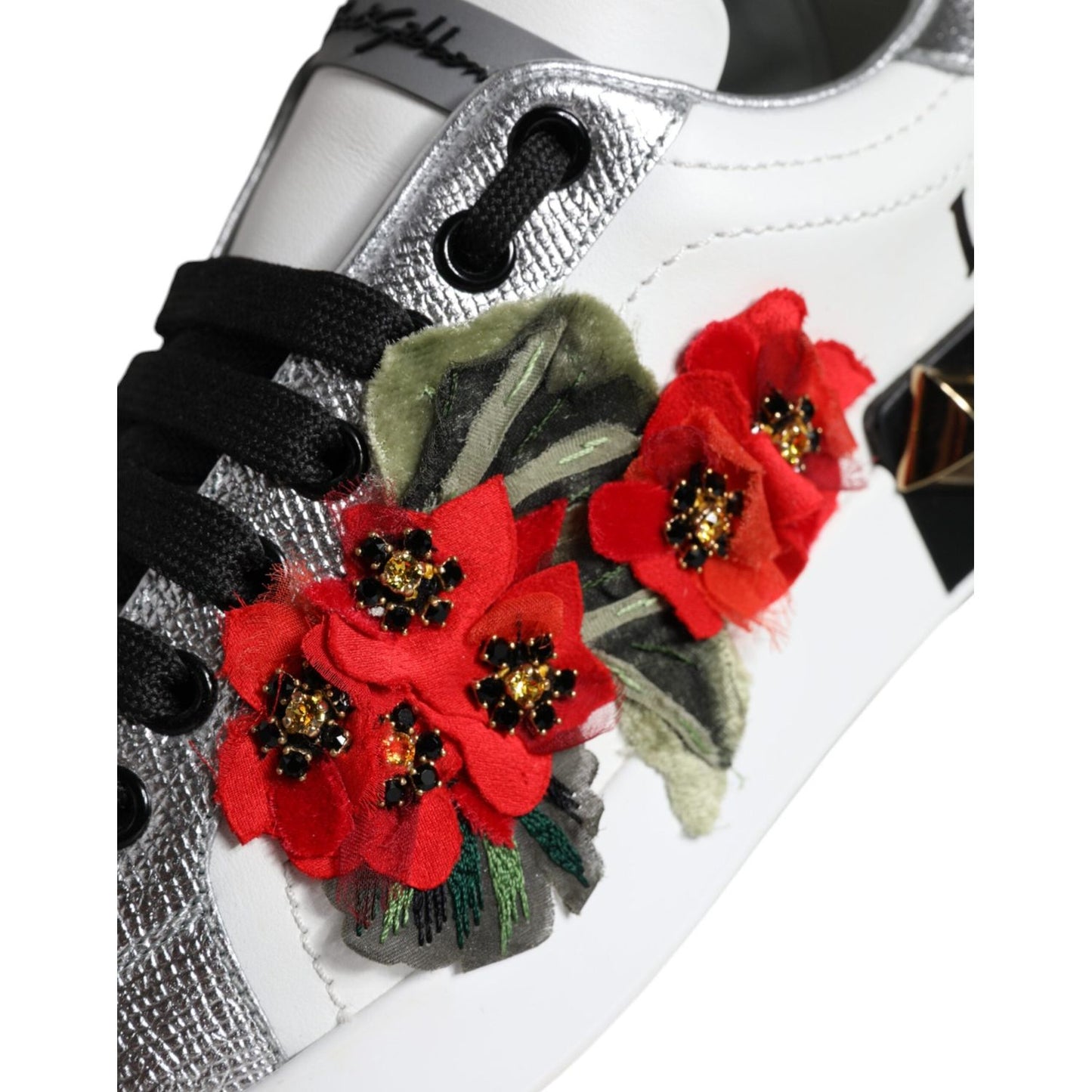 Dolce & Gabbana White Leather Floral Studded Sneakers Shoes LA11664-35