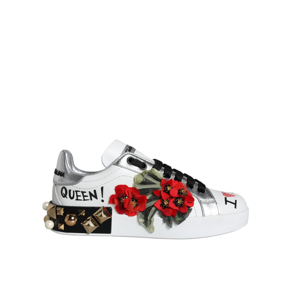 Dolce & Gabbana White Leather Floral Studded Sneakers Shoes LA11664-35