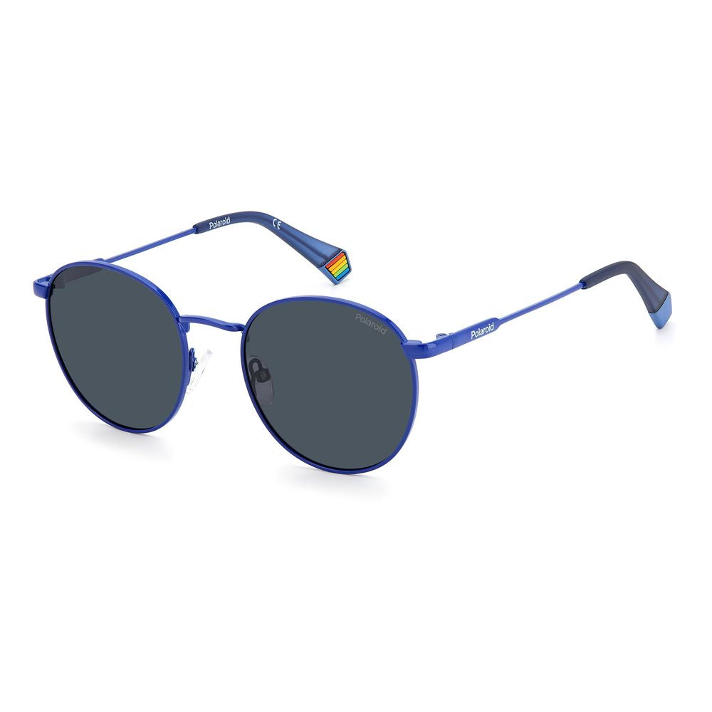 Polaroid blue stainless steel unisex sunglasses, round frame, polarized lenses, rainbow detail, size 51/20/140 mm