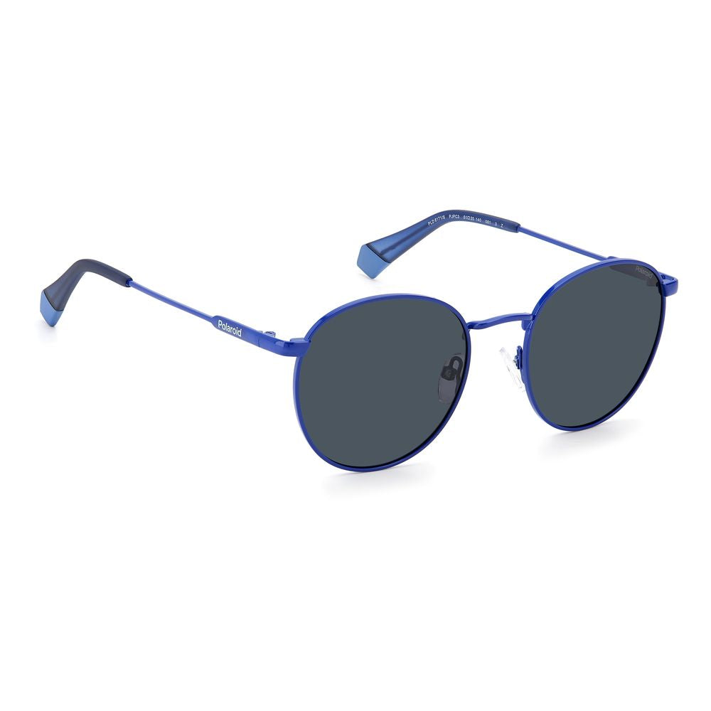 Polaroid blue stainless steel round sunglasses with polarized lenses, unisex design, adjustable pads, and rainbow rubber details.