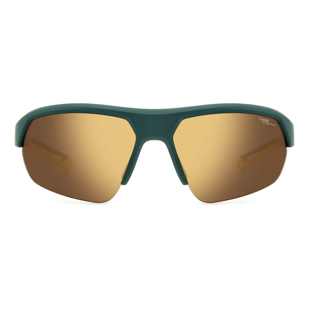 Polaroid green resin sunglasses with golden polarized lenses, unisex design, offering 100% UV protection, size 65/17/130 mm.