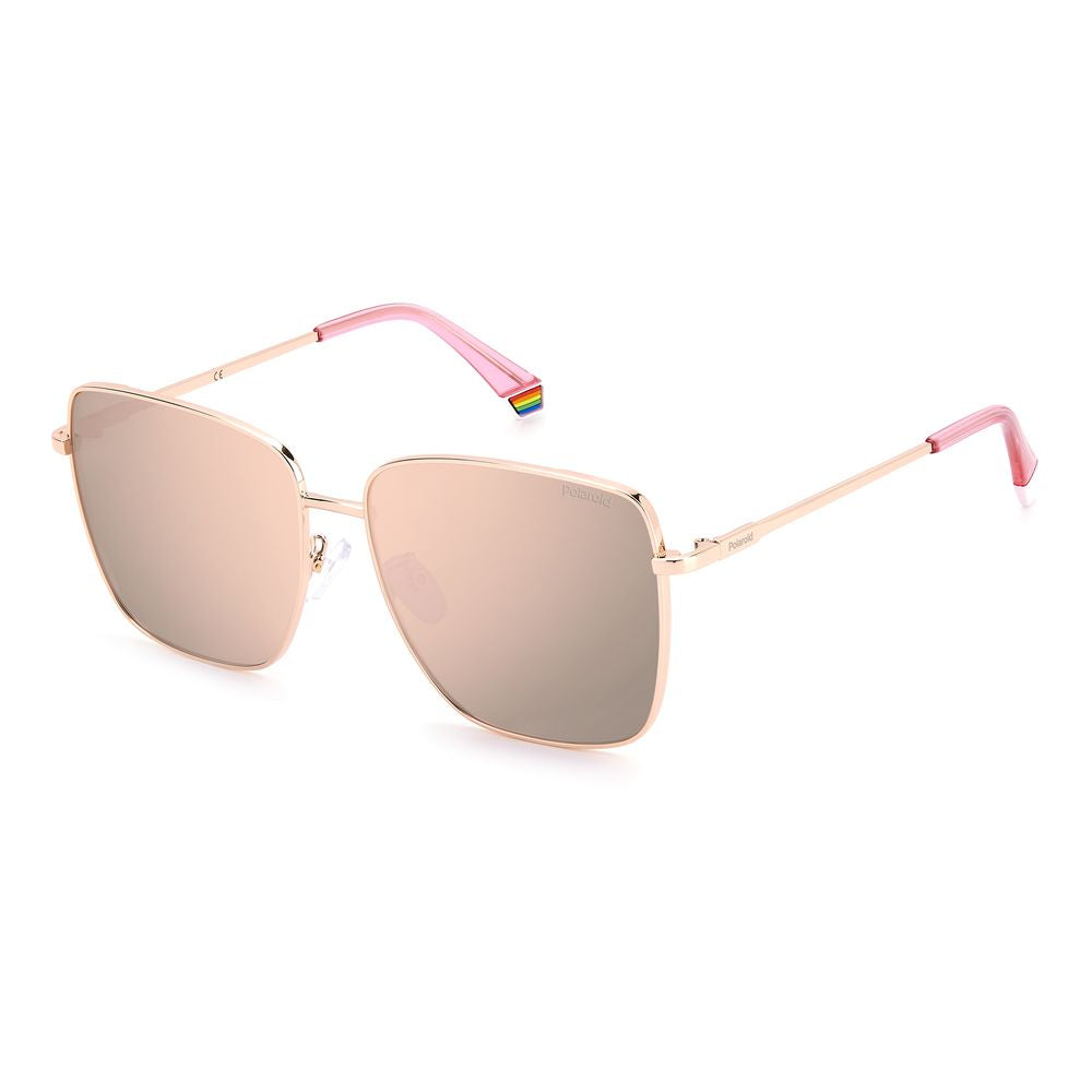 Polaroid Gold Metal Sunglasses with rose-tinted polarized lenses, stainless steel frame, and pink accents. Measures 59/15/145 mm.