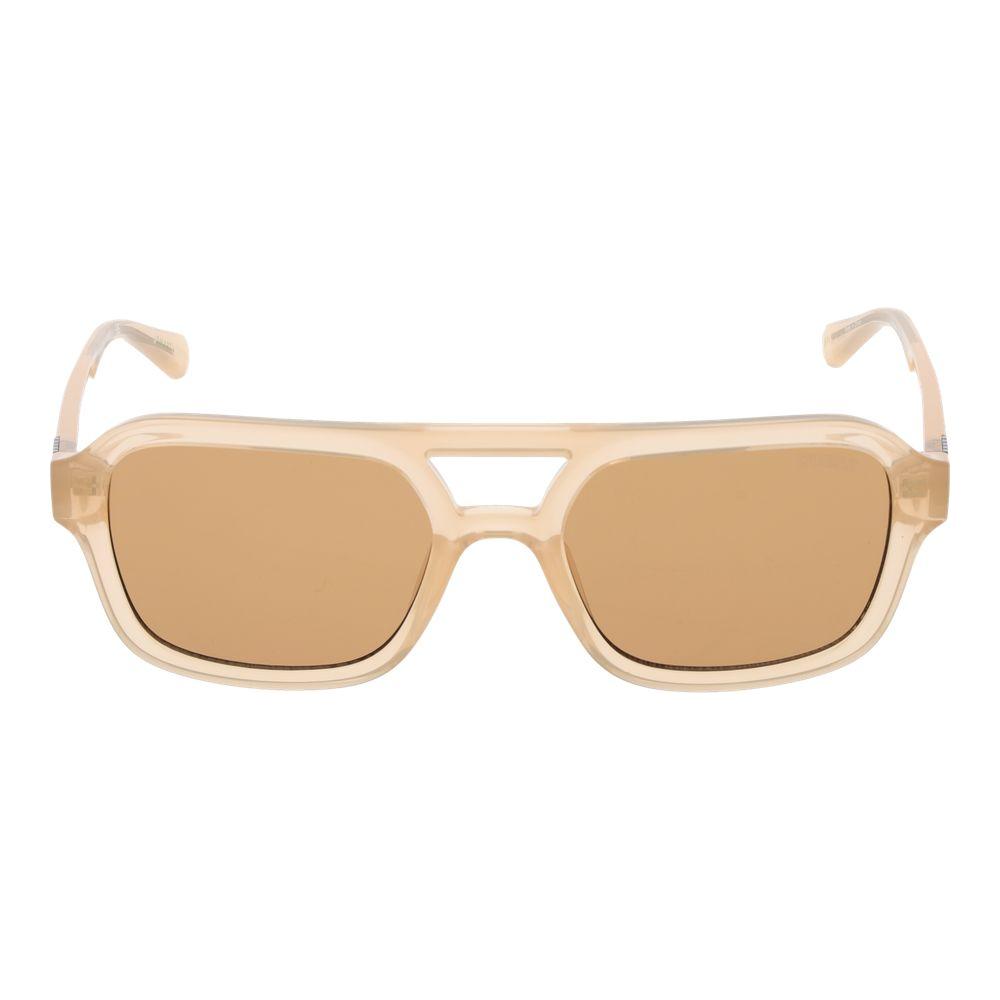 Guess beige unisex full-rim aviator sunglasses with brown lenses, featuring a plastic frame for 100% UVA & UVB protection.