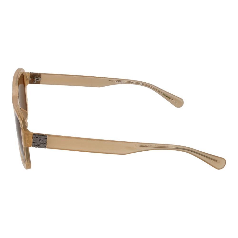 Side view of Guess beige unisex aviator sunglasses with full-rim plastic frame and brown lenses, showcasing temple design.