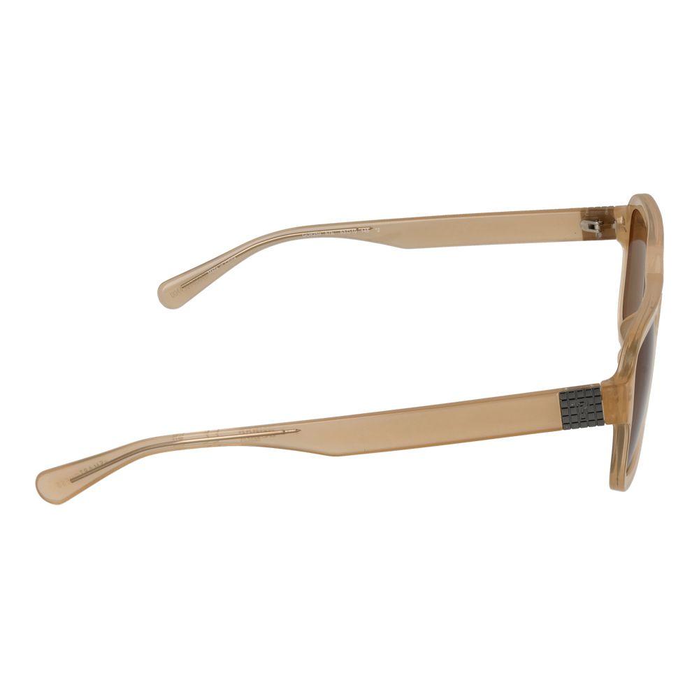 Side view of Guess beige unisex full-rim aviator sunglasses with plastic frame and brown lenses, 100% UVA & UVB protection.