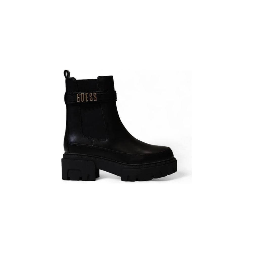 Guess black polyethylene women's boot, fall/winter collection, featuring 84% polyurethane and 16% plastic composition.