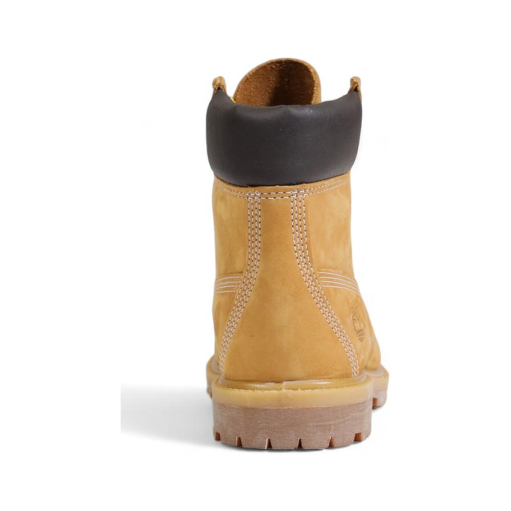 Rear view of Timberland Beige Waterproof Recycled Plastic Boot showcasing sturdy eco-friendly design and craftsmanship.