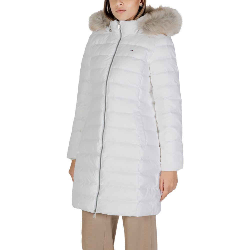 Women's white Tommy Hilfiger recycled polyester jacket with faux fur hood, fall/winter collection.