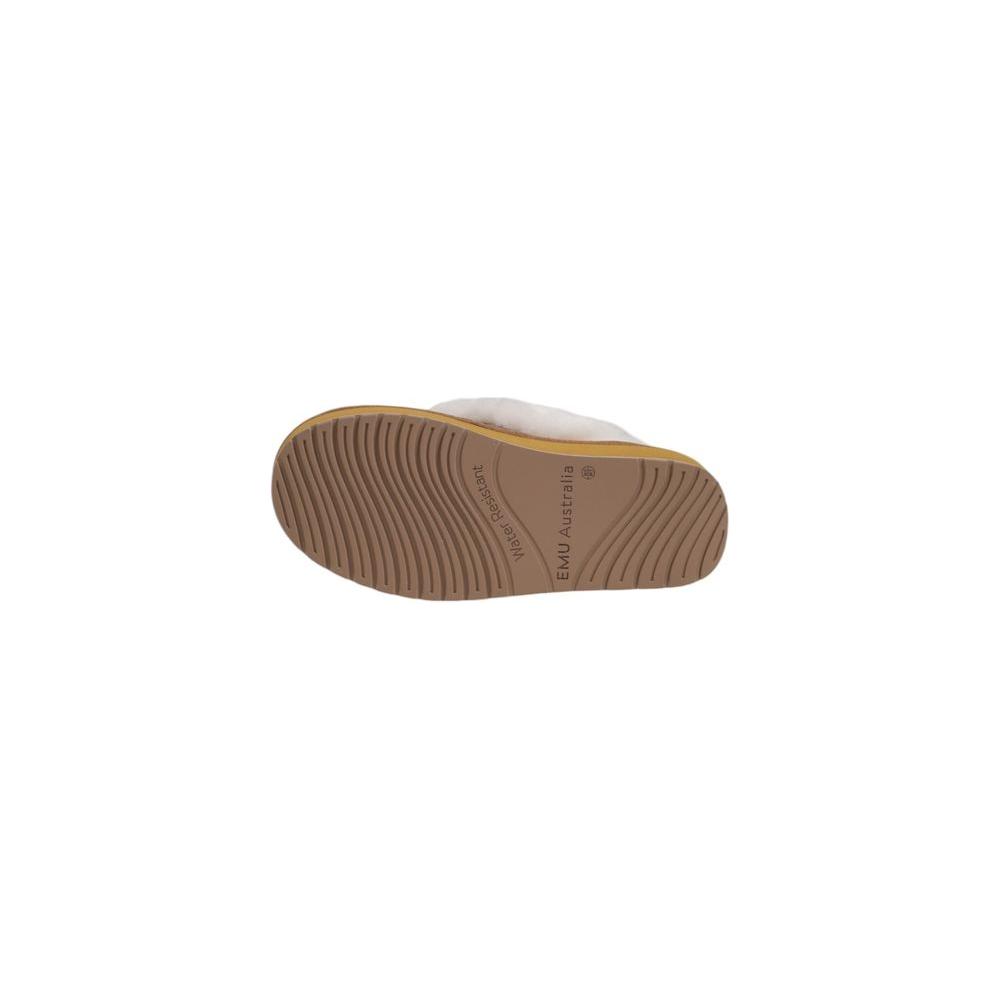 Sole view of EMU Australia beige suede leather flat shoe for women, showcasing durable grip design.