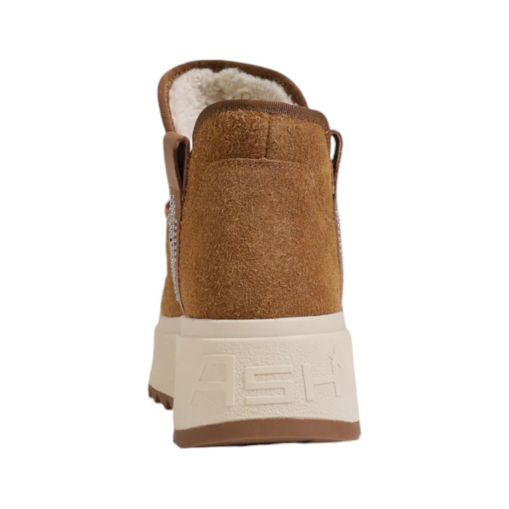Rear view of ASH women's brown suede leather boot with white platform, ideal for fall and winter fashion.