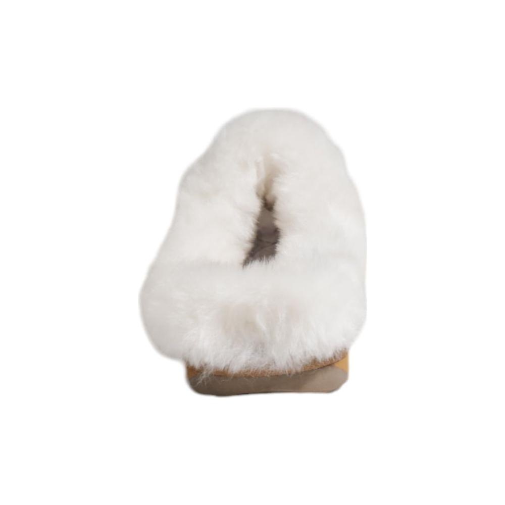 Top view of a cozy white plush slipper with a fluffy texture, ideal for indoor comfort and warmth.