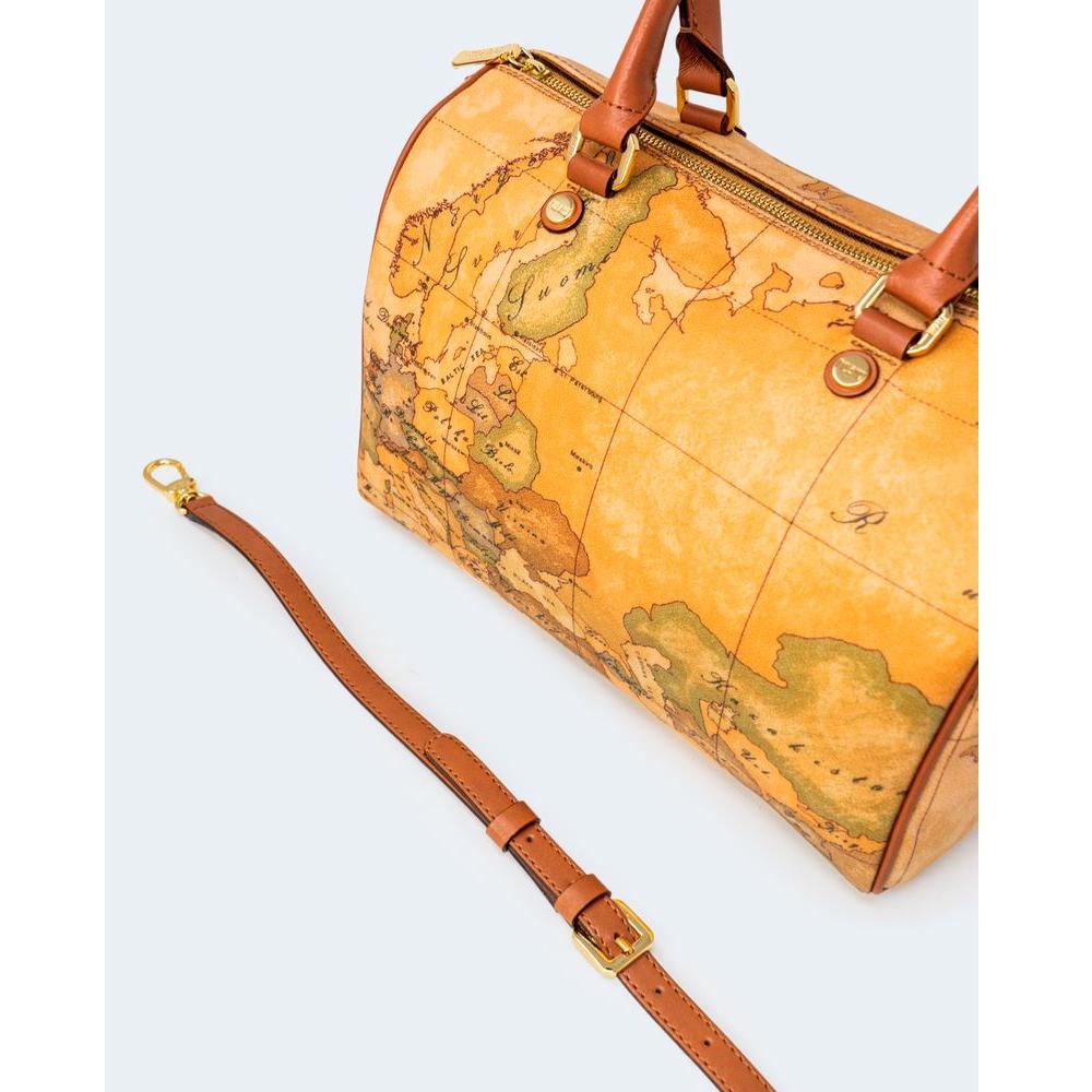 Alviero Martini Prima Classe beige leather handbag featuring world map print, autumn/winter collection, side view with detachable strap.
