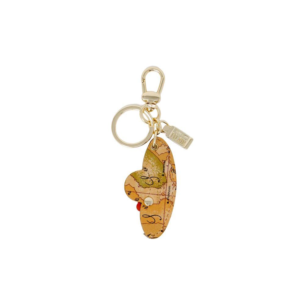 Alviero Martini Prima Classe beige polyester women's keychain, spring/summer collection with map design and metal ring.