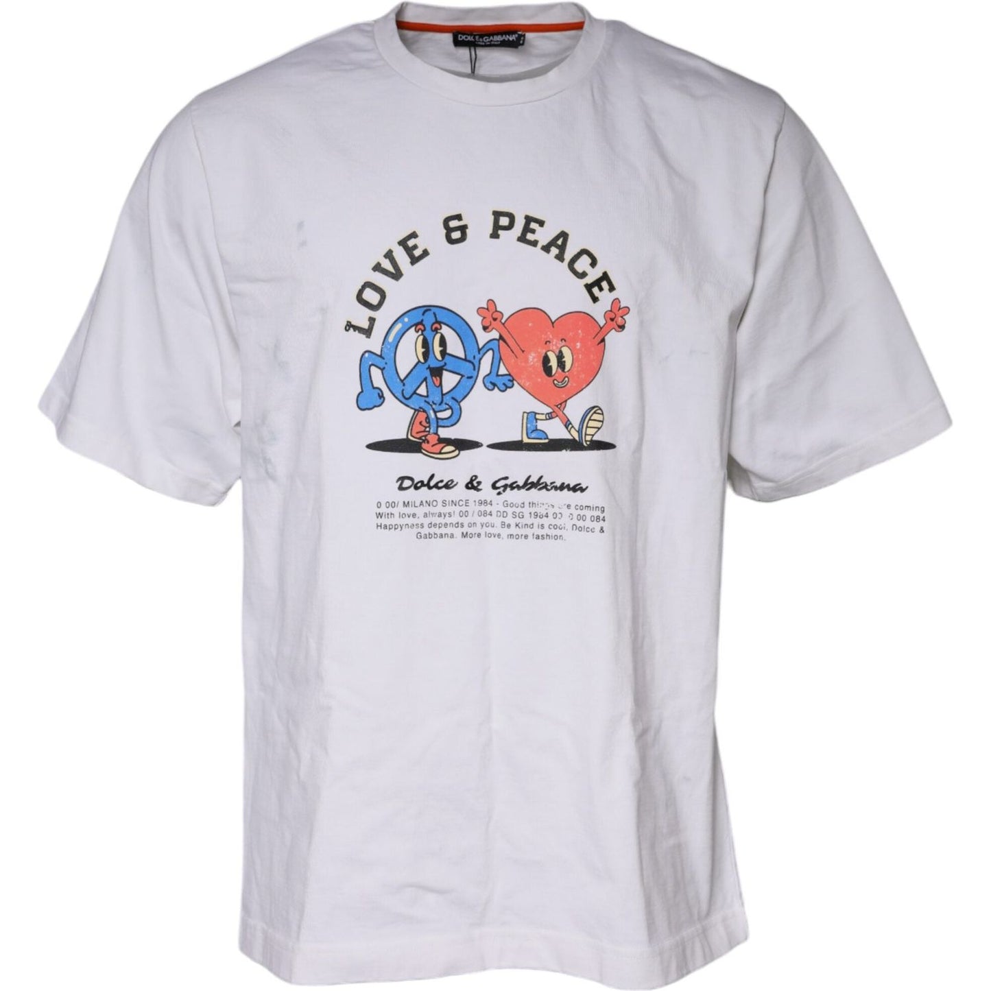 Dolce & Gabbana White Love & Peace Cotton Round Neck T-shirt with short sleeves and logo details, featuring minor discolorations.