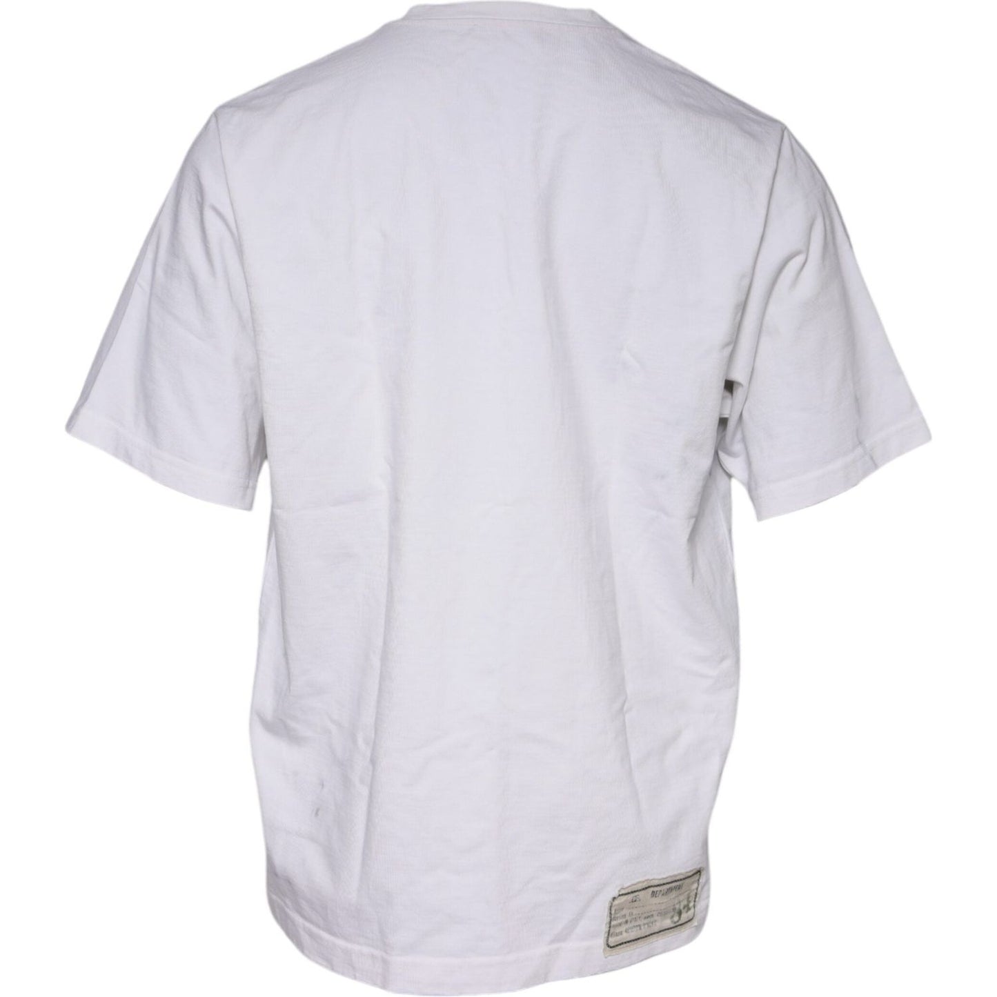 Dolce & Gabbana white cotton round neck t-shirt back view with minor discoloration visible, logo detail, made in Italy.