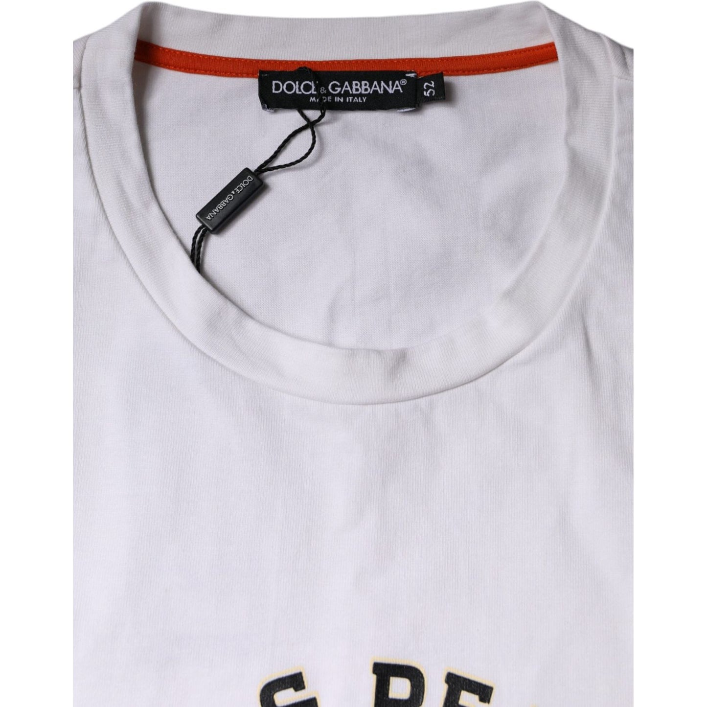 Dolce & Gabbana White Love & Peace cotton t-shirt with round neck, logo detail, and minor discoloration, made in Italy.