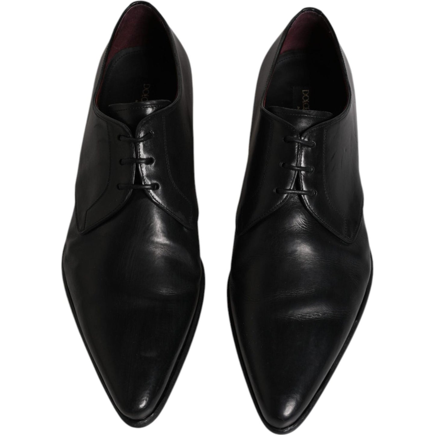 Dolce & Gabbana black leather lace-up Derby shoes for men, elegant design, preowned with tags, made in Italy, view from top.