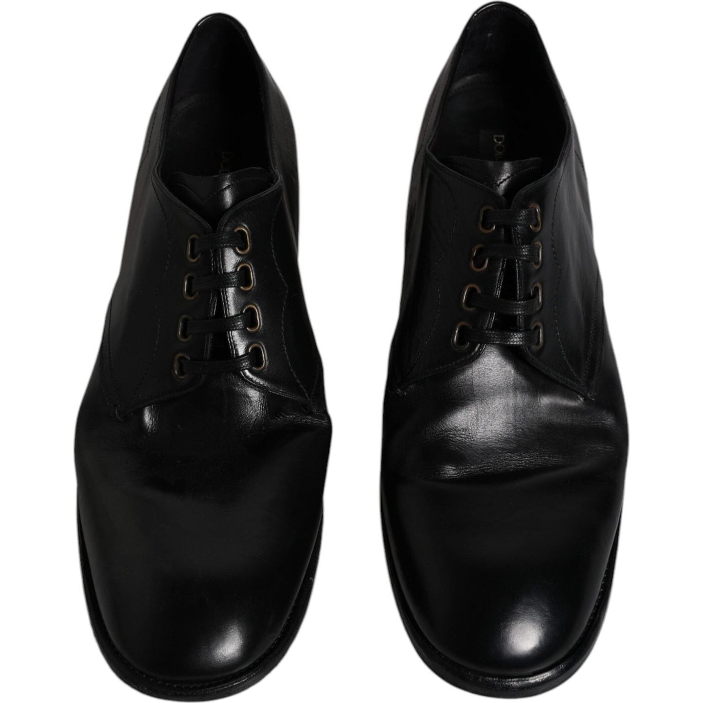 Dolce & Gabbana black leather derby dress shoes for men, made in Italy, 100% calf leather, lace-up, logo details, slightly preowned.