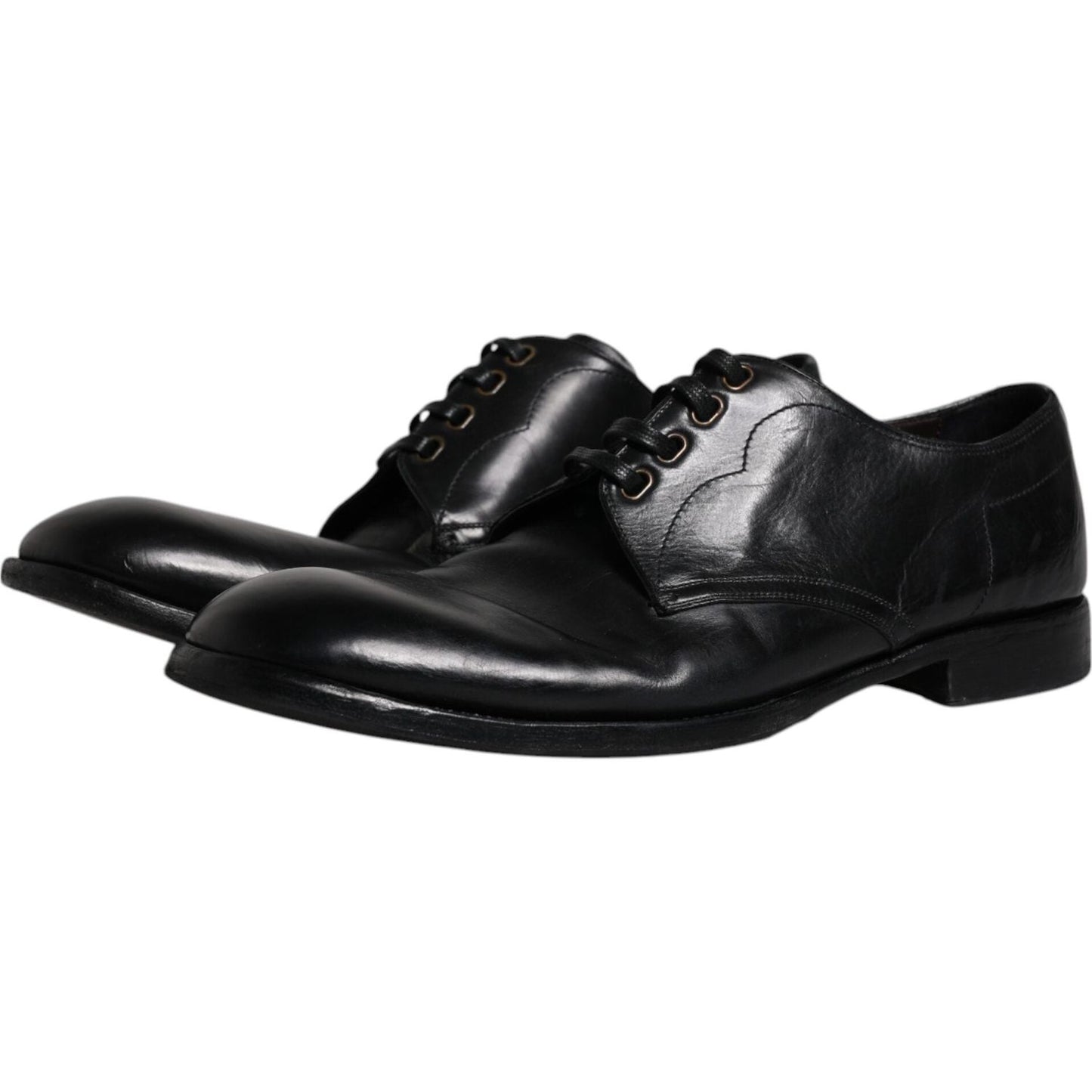 Dolce & Gabbana black leather Derby formal men's dress shoes, luxurious Italian craftsmanship, preowned with minor wear.