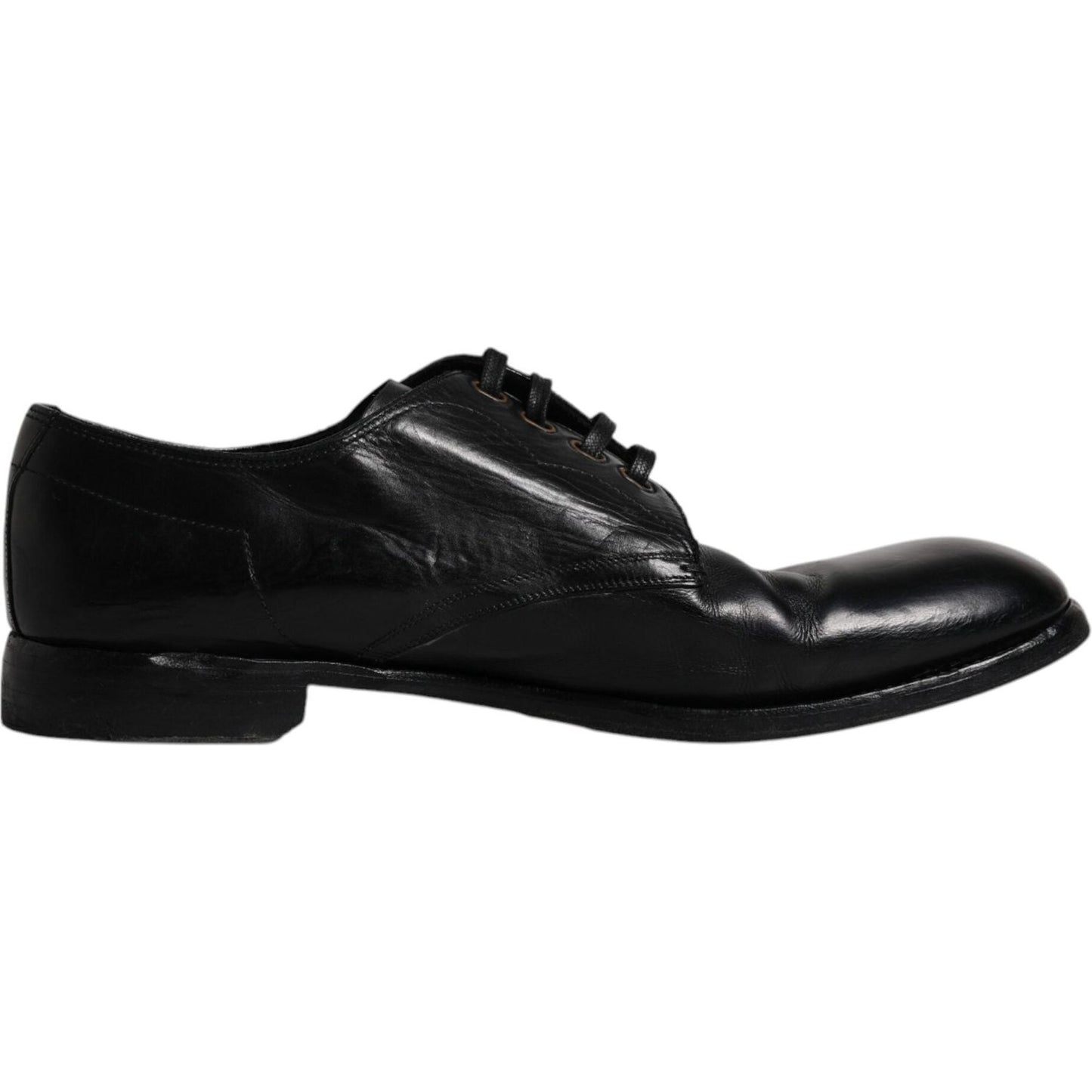Dolce & Gabbana black leather derby formal men's dress shoe, made in Italy, slightly preowned with minor wear, luxe craftsmanship.