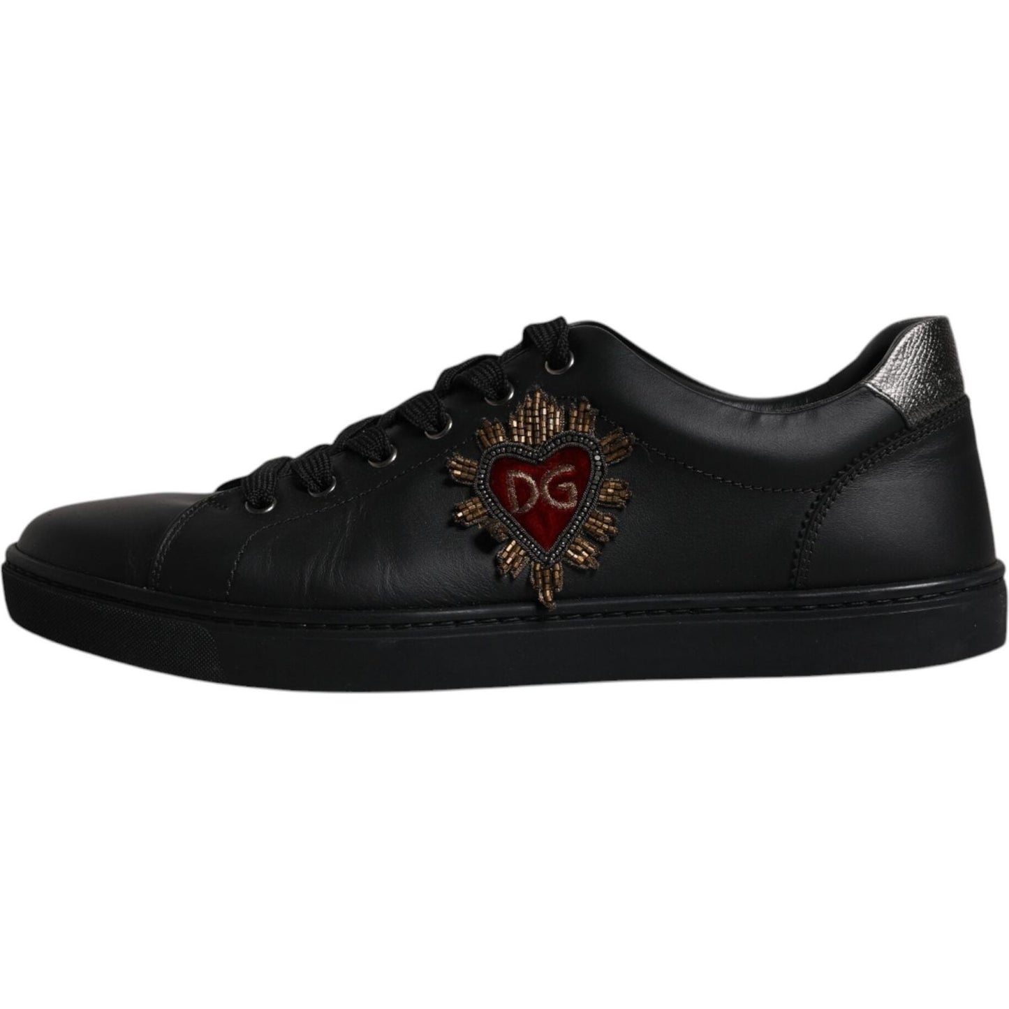Dolce & Gabbana black leather sneakers with red heart design, lace-up closure, perfect for stylish men, minor defect in logo decor.