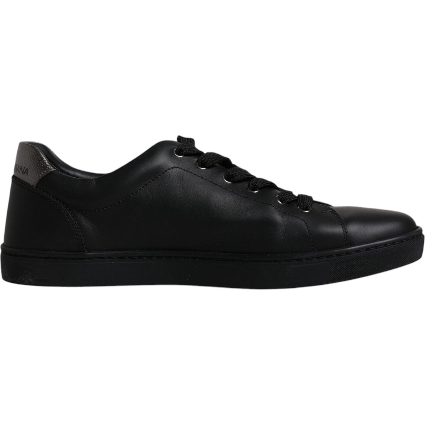 Dolce & Gabbana black leather men's sneakers with red heart detail, rubber sole, lace-up closure, minor logo defect, made in Italy.