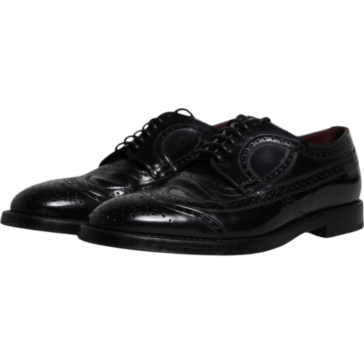 Dolce & Gabbana black leather derby wingtip dress shoes, formal men's footwear, high-quality calfskin with lace-up closure.