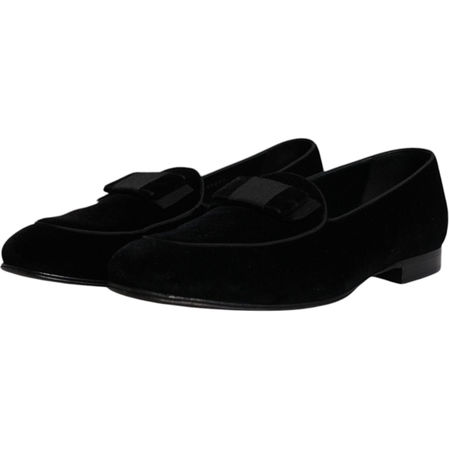 Dolce & Gabbana black velvet loafers for men, formal dress shoes, cotton and viscose blend, leather sole, luxury Italian craftsmanship.