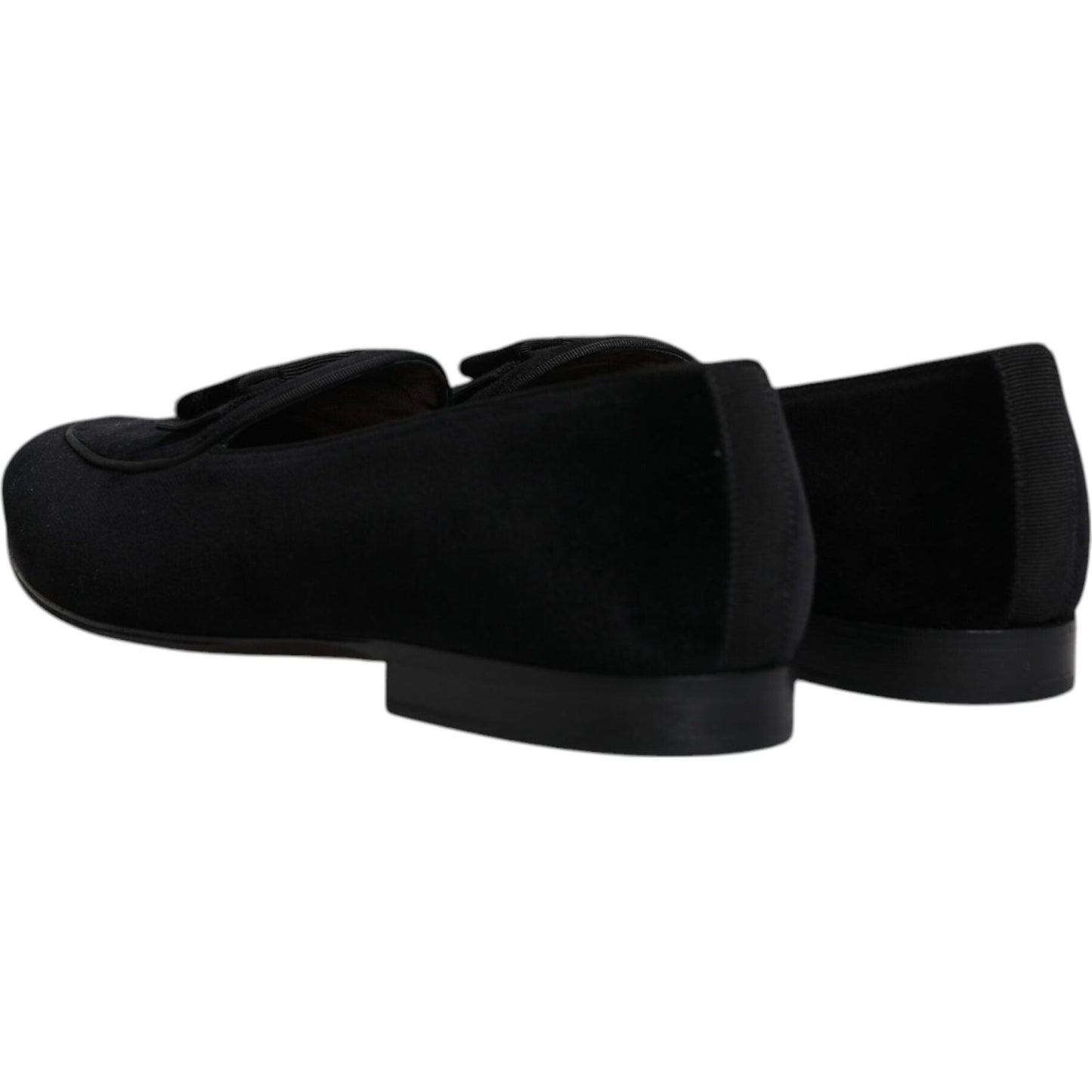 Dolce & Gabbana black velvet loafers, men's formal dress shoes, elegant and exclusive, rear view with logo detail, made in Italy.