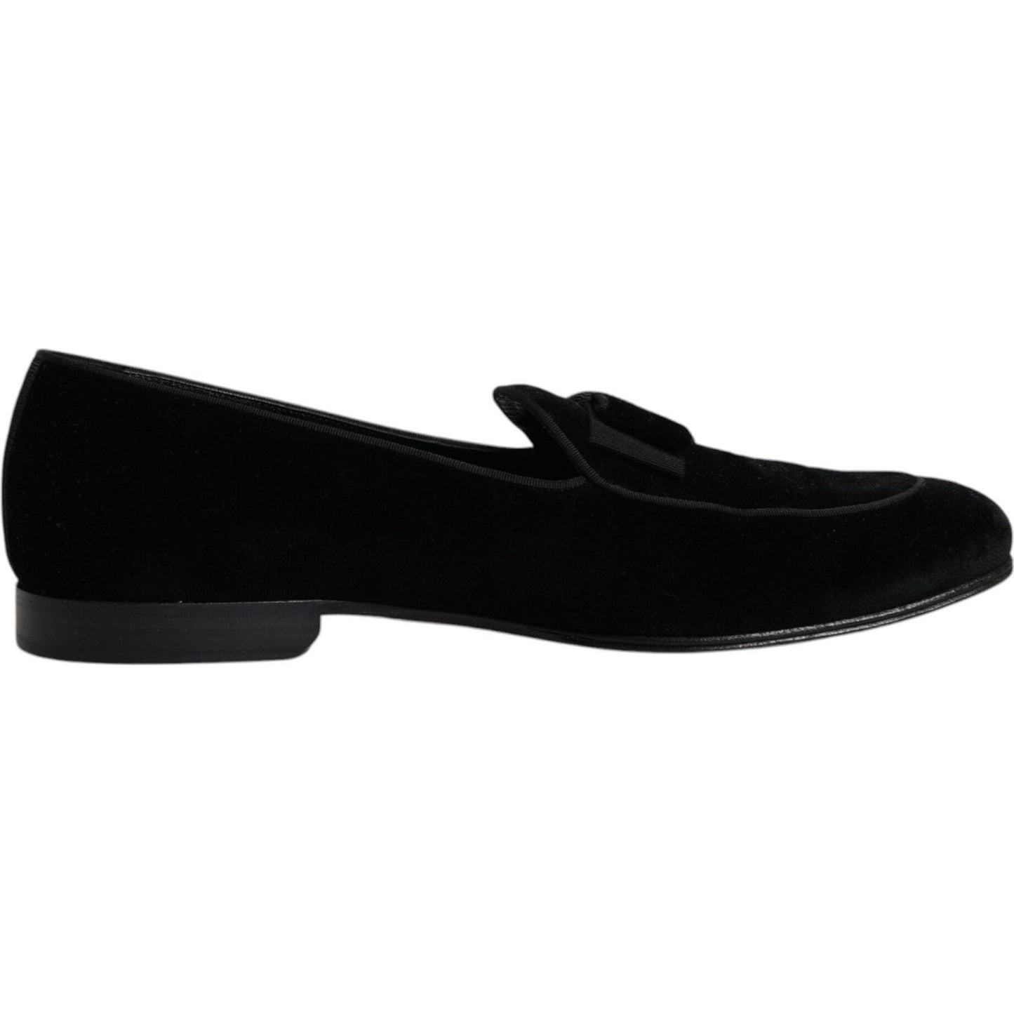 Dolce & Gabbana black velvet loafers for men, formal dress shoes, elegant design with leather outersole, made in Italy.