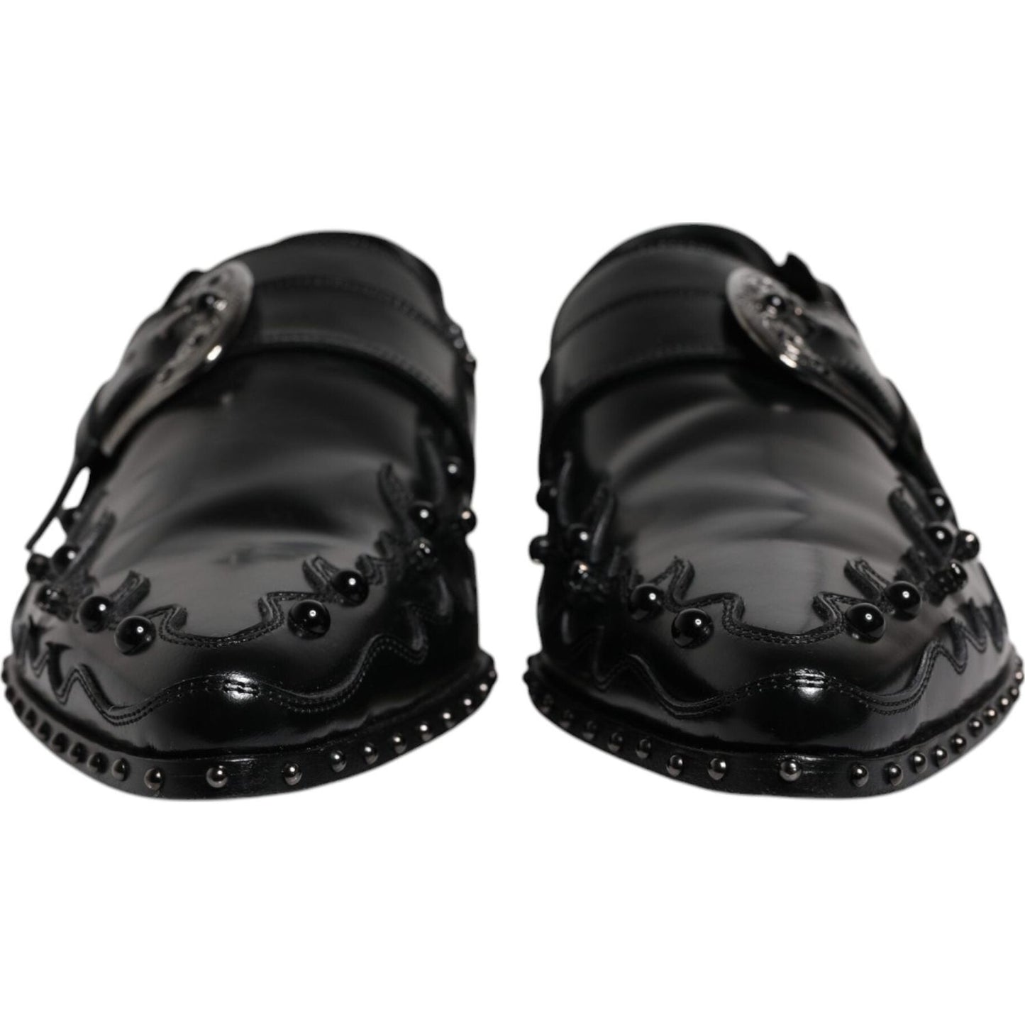 Dolce & Gabbana black embellished derby monk strap shoes, calf leather with buckle and missing stones on right shoe.