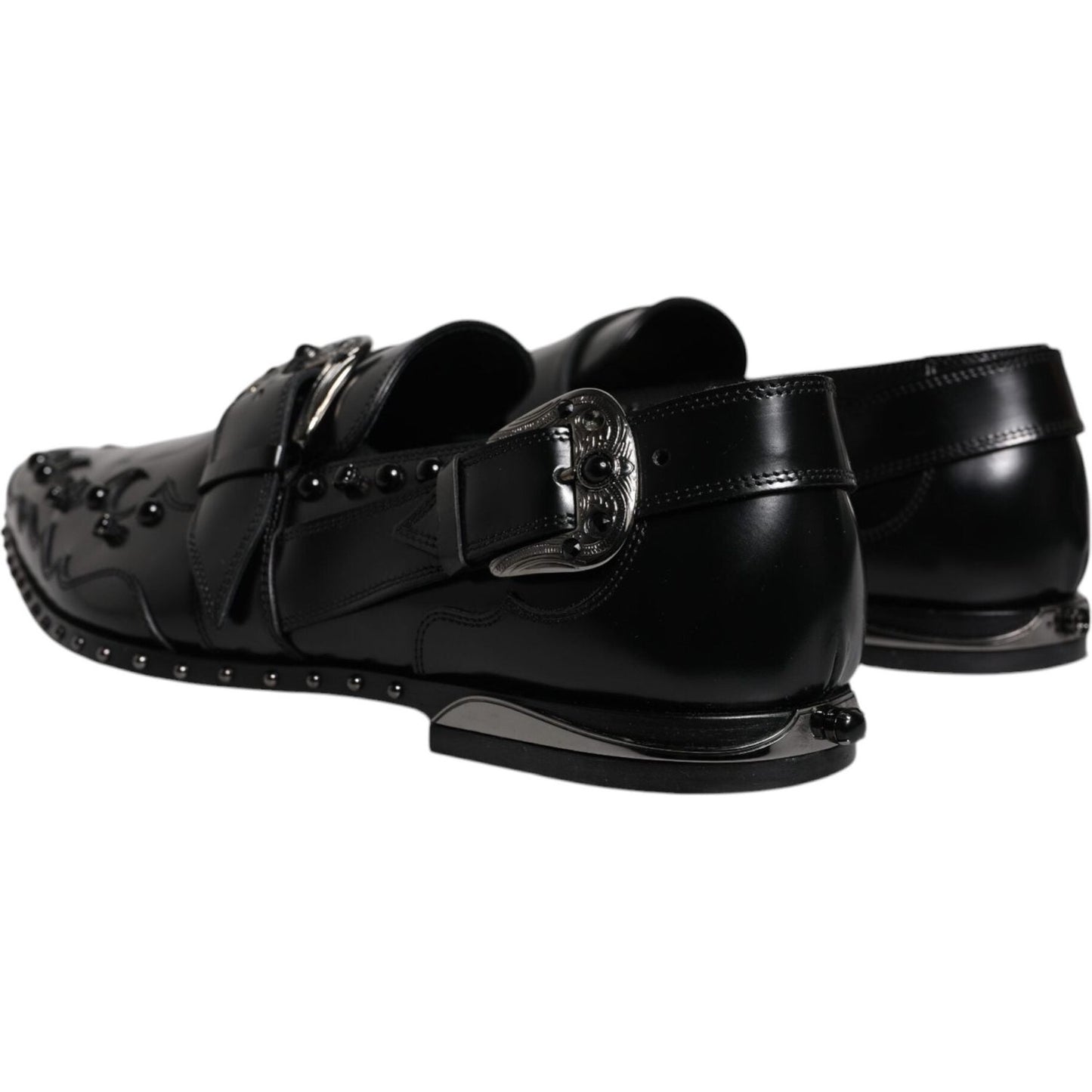 Dolce & Gabbana black embellished derby monk strap shoes with buckle closure and leather sole, showcasing high craftsmanship.