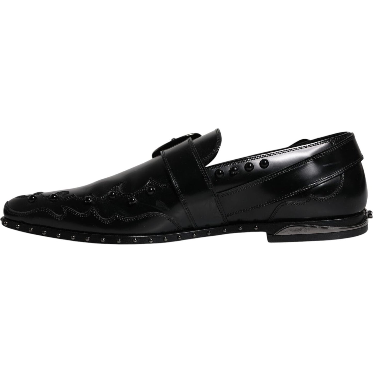 Dolce & Gabbana black embellished derby monk strap shoe in calf leather with buckle closure and logo detail. Made in Italy.