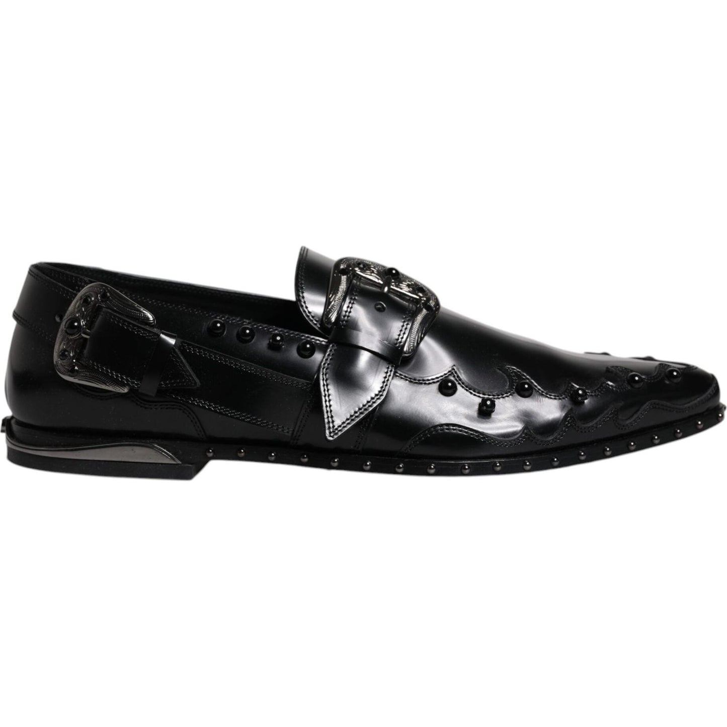 Dolce & Gabbana black embellished derby monk strap shoes with buckle closure, calf leather, and missing stones on the right shoe.