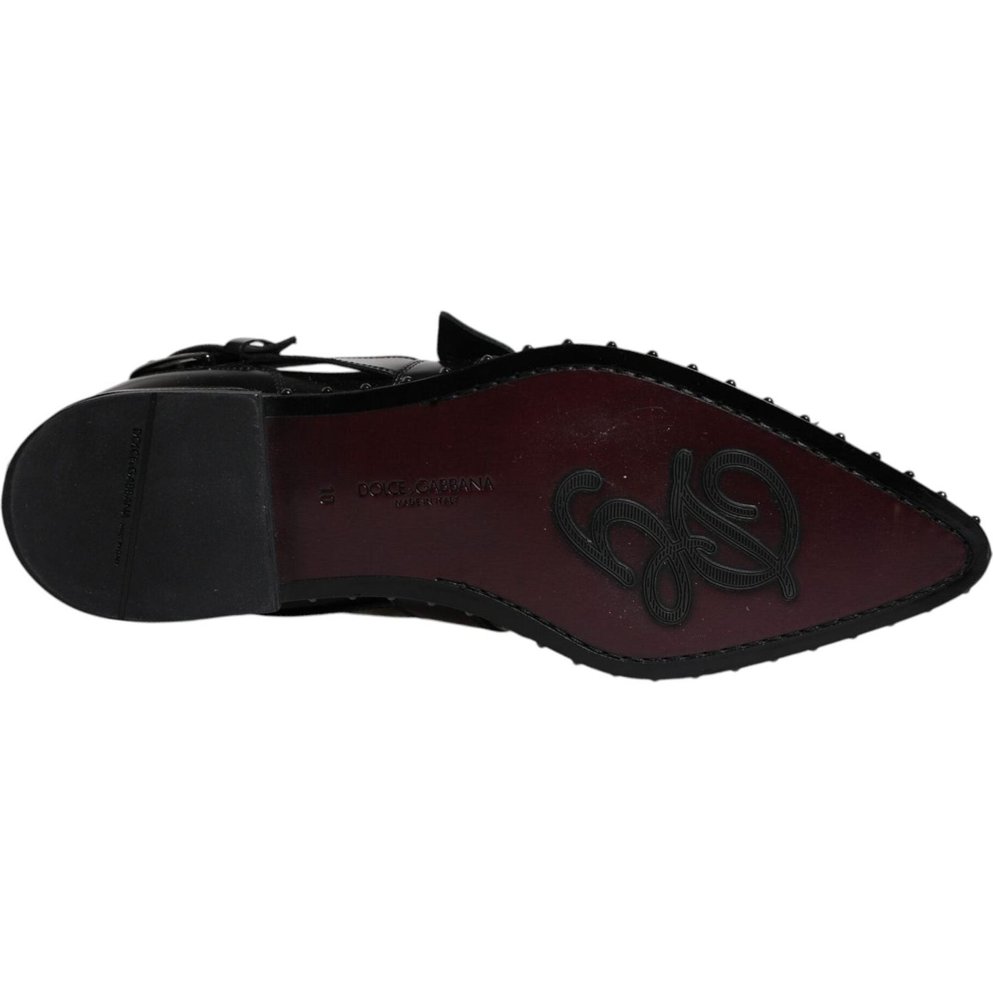 Sole view of Dolce & Gabbana black embellished derby monk strap shoe, calf leather with logo detail and exclusive Italian craftsmanship.