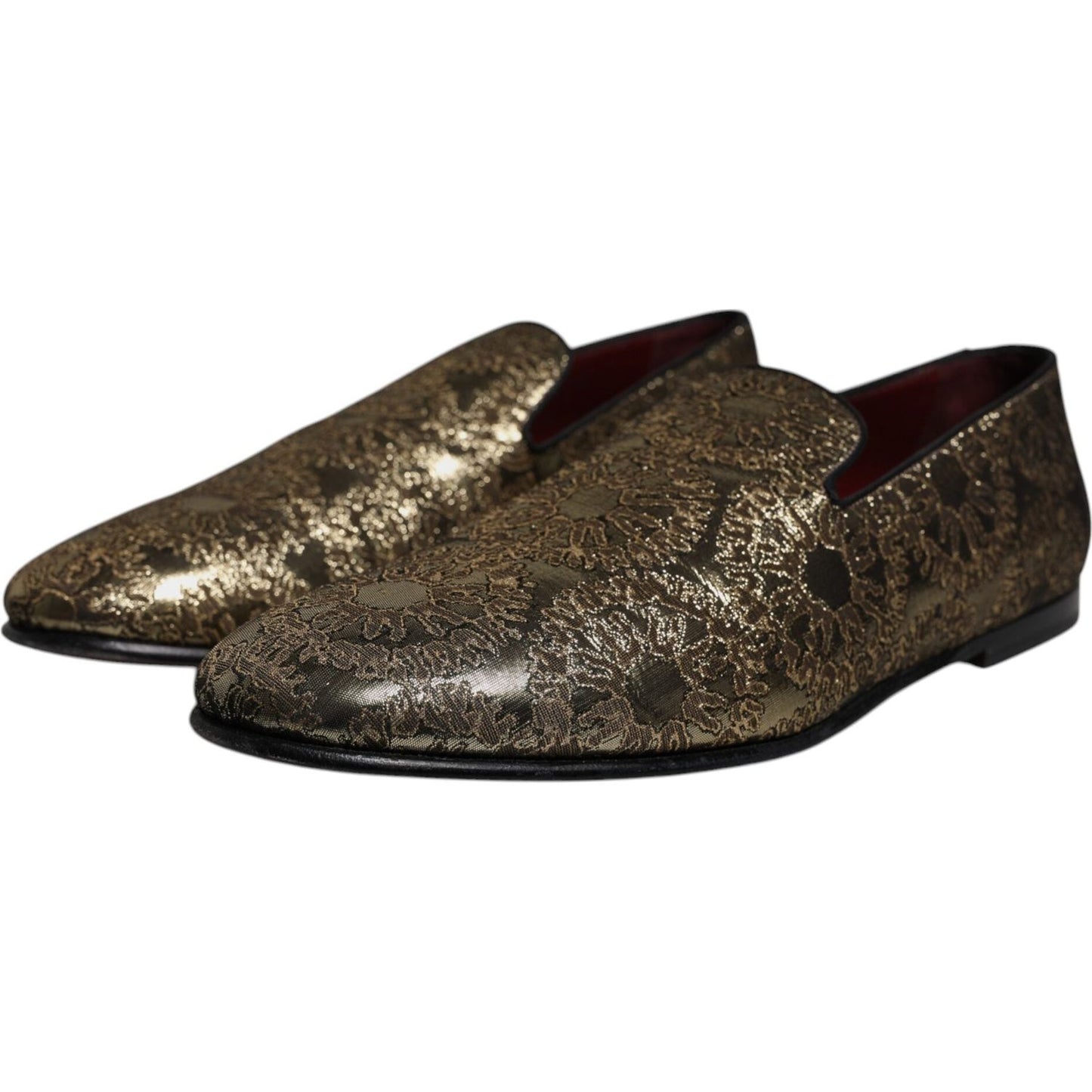Dolce & Gabbana gold jacquard men loafers, luxurious Italian dress shoes, made from acetate and polyester with leather sole, store sample.