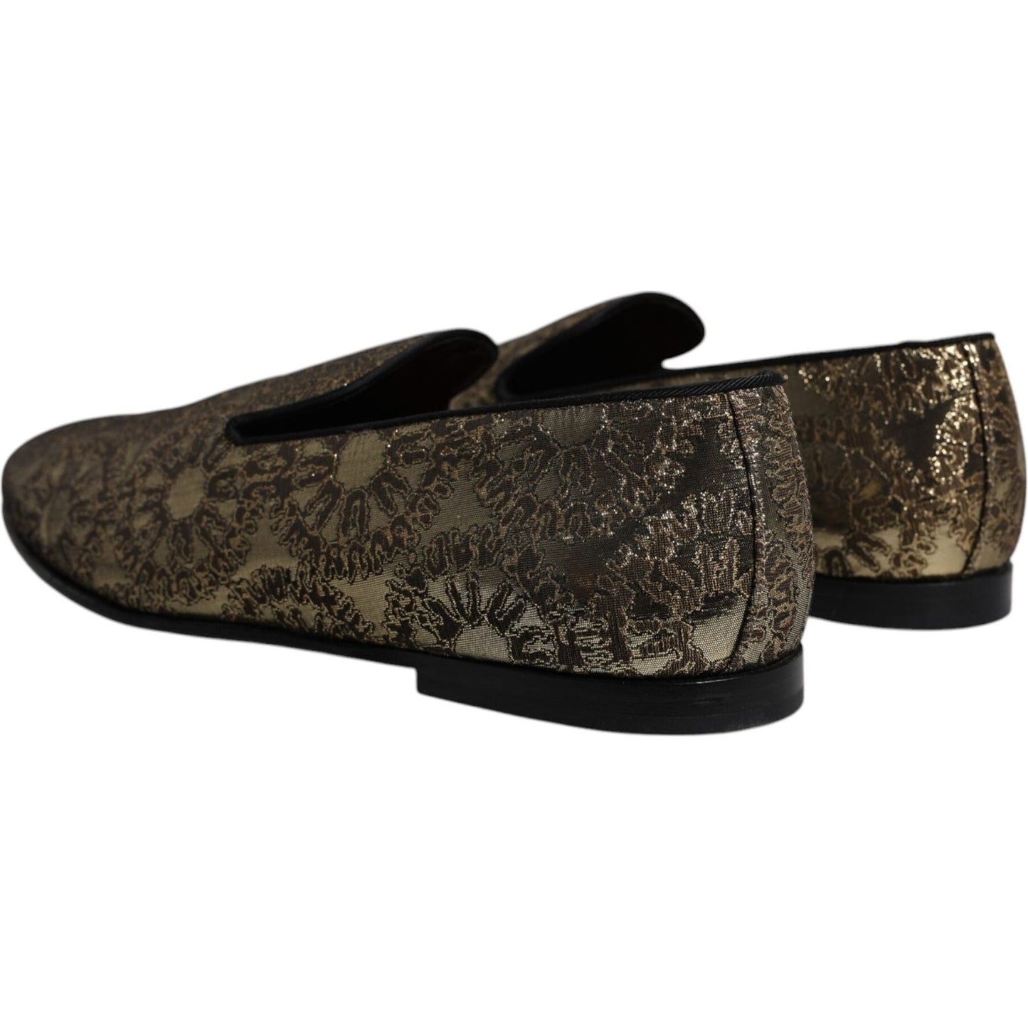 Dolce & Gabbana gold jacquard men's loafers with leather sole, elegant design, store sample with minor marks, made in Italy.