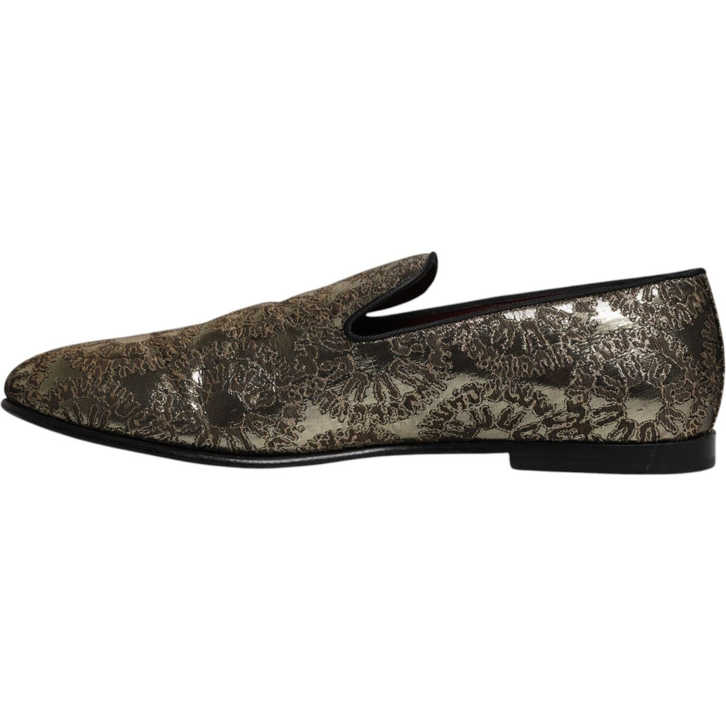 Dolce & Gabbana gold jacquard loafers men's dress shoes with acetate and polyester fabric, bordeaux leather sole, logo details.