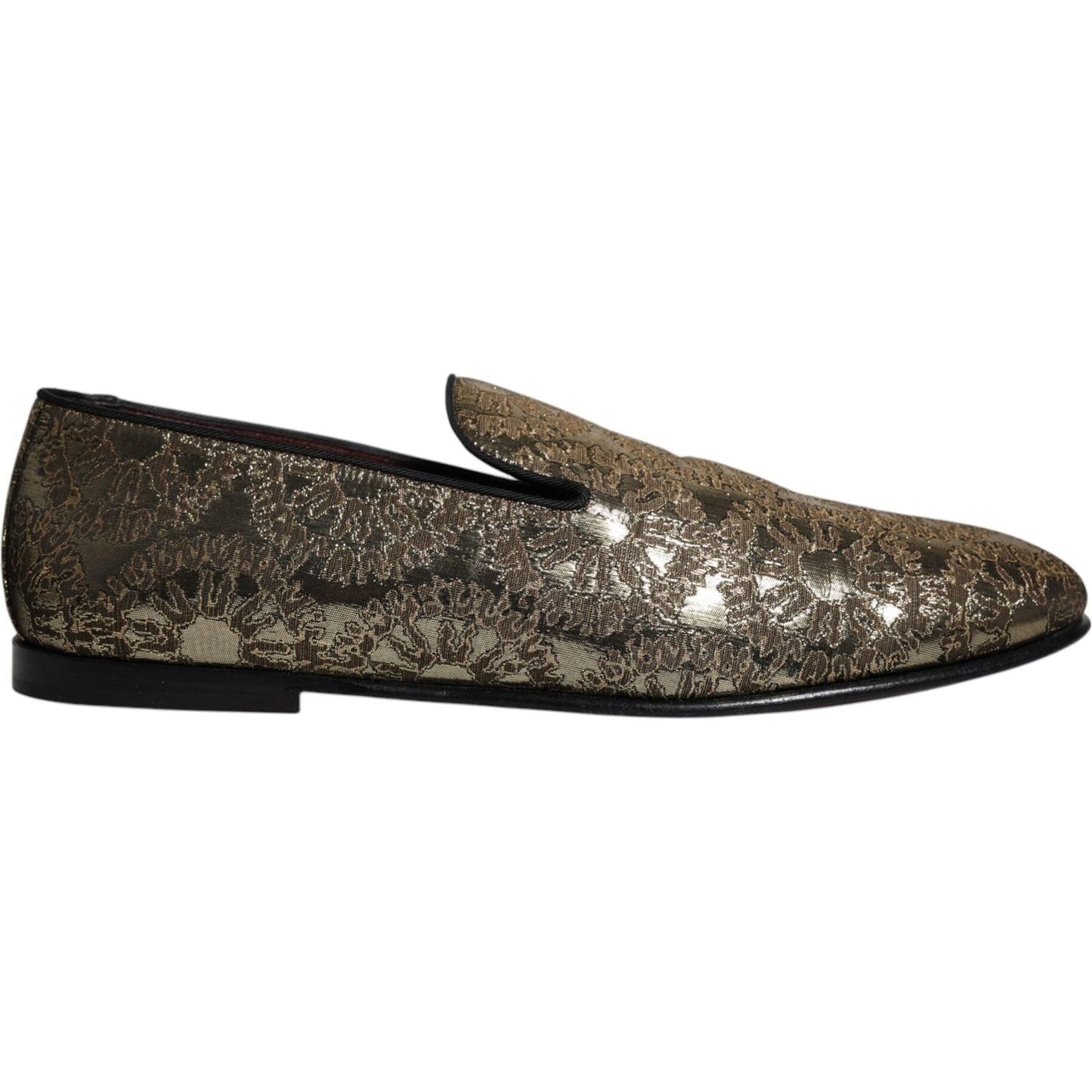 Dolce & Gabbana Gold Jacquard Flats Men's Loafers with Bordeaux Leather Sole, Logo Details, Made in Italy, Exquisite Craftsmanship