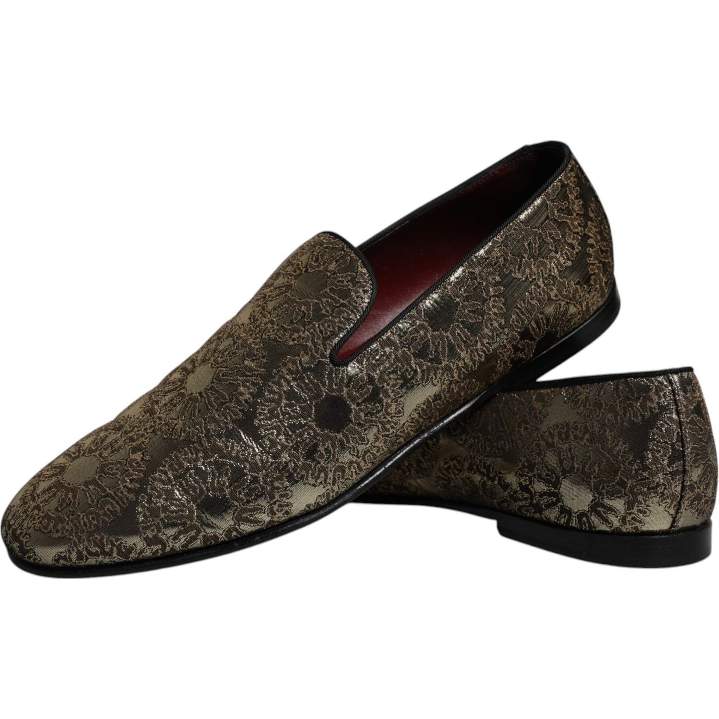 Dolce & Gabbana gold jacquard men's loafers with leather sole, featuring intricate design and logo details, luxury dress shoes for men.