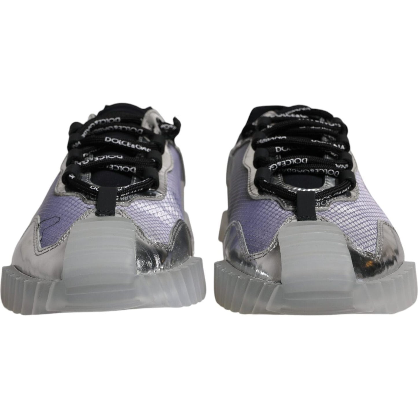 Front view of Dolce & Gabbana NS1 sneakers in silver and black, showing lace-up design and logo details, minor defect visible on left shoe.