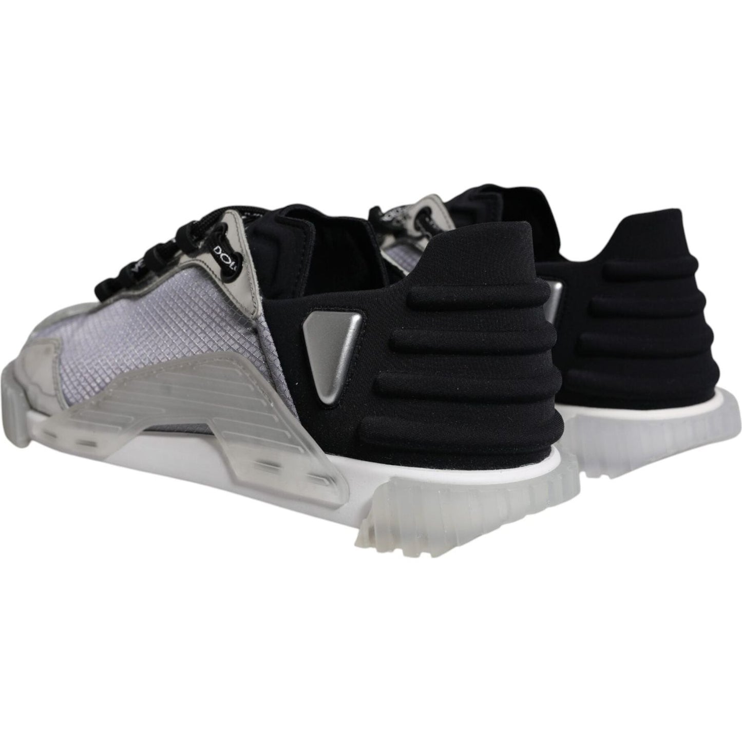 Dolce & Gabbana NS1 low-top sneakers in silver and black nylon with rubber sole, showcasing logo details and lace-up closure. Made in Italy.
