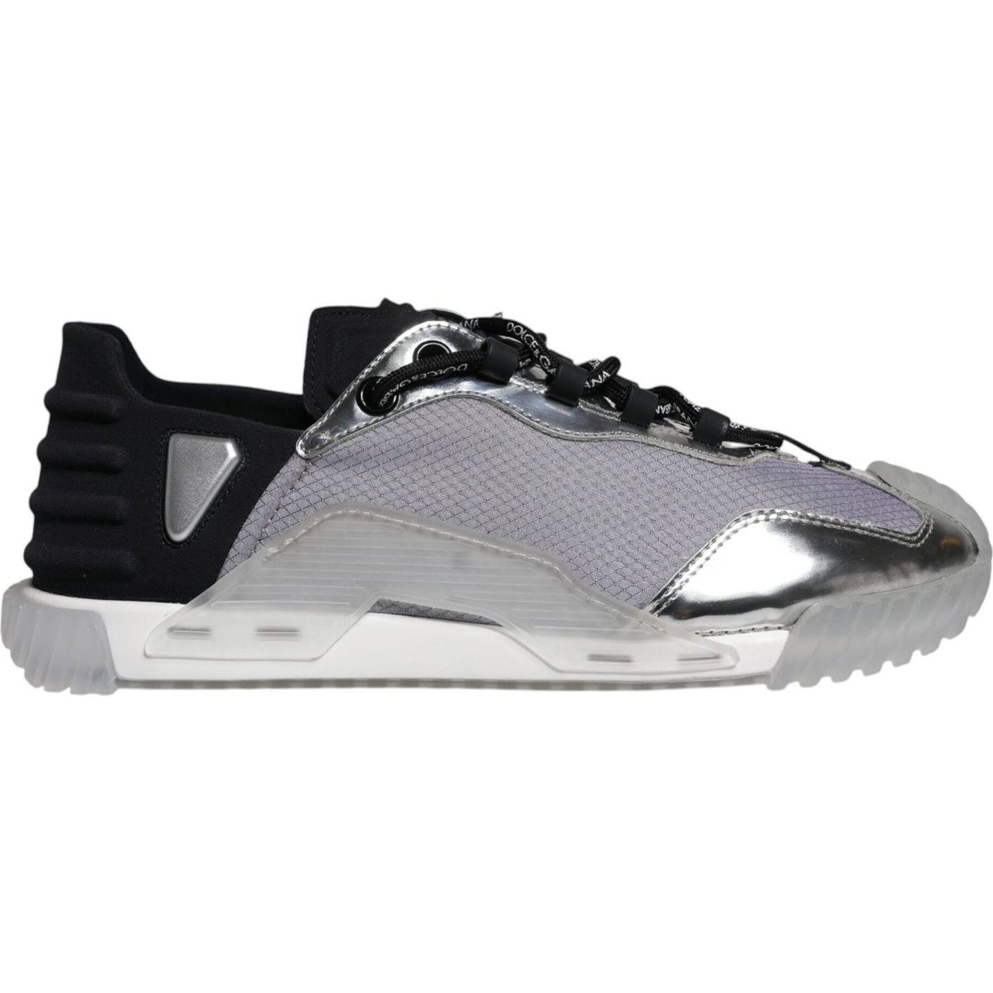 Dolce & Gabbana NS1 sneakers in silver and black with rubber sole and lace-up closure, showcasing logo details. Made in Italy.