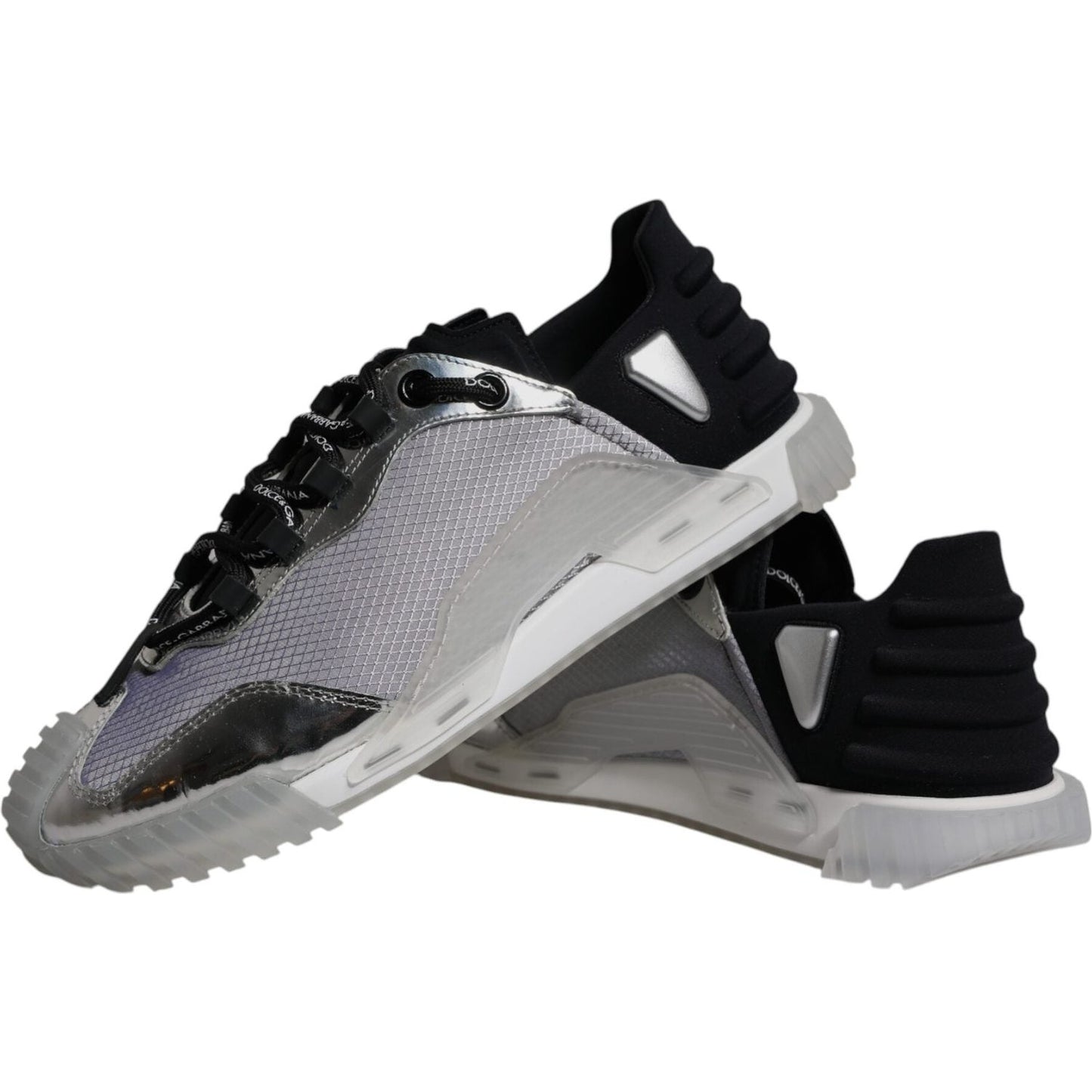 Dolce & Gabbana NS1 low-top sneakers, silver and black nylon, rubber sole, lace-up design, logo details, high craftsmanship, minor defects.