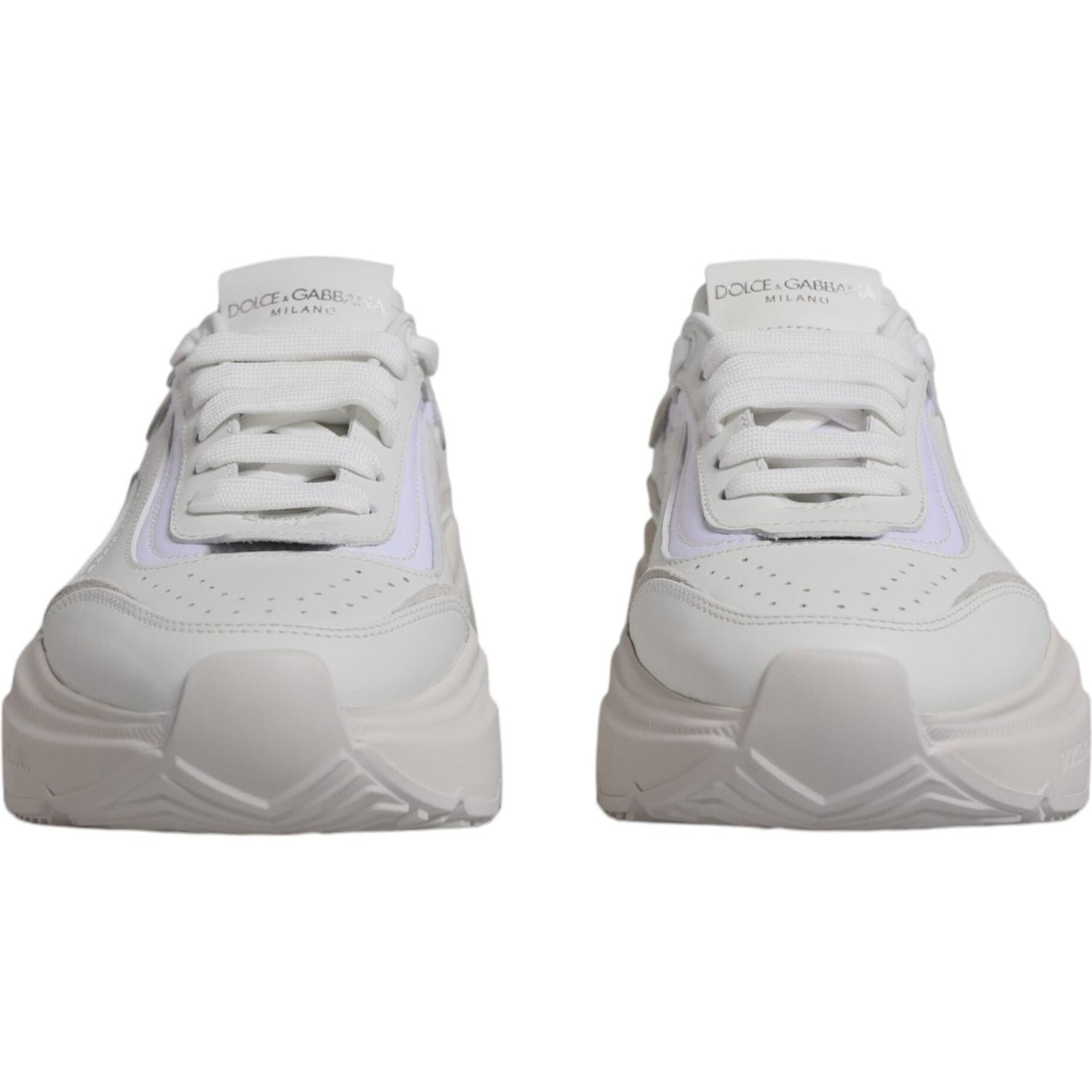 White Dolce & Gabbana Daymaster low-top sneakers with calf leather and nylon, front view showing lace-up closure and logo detail.