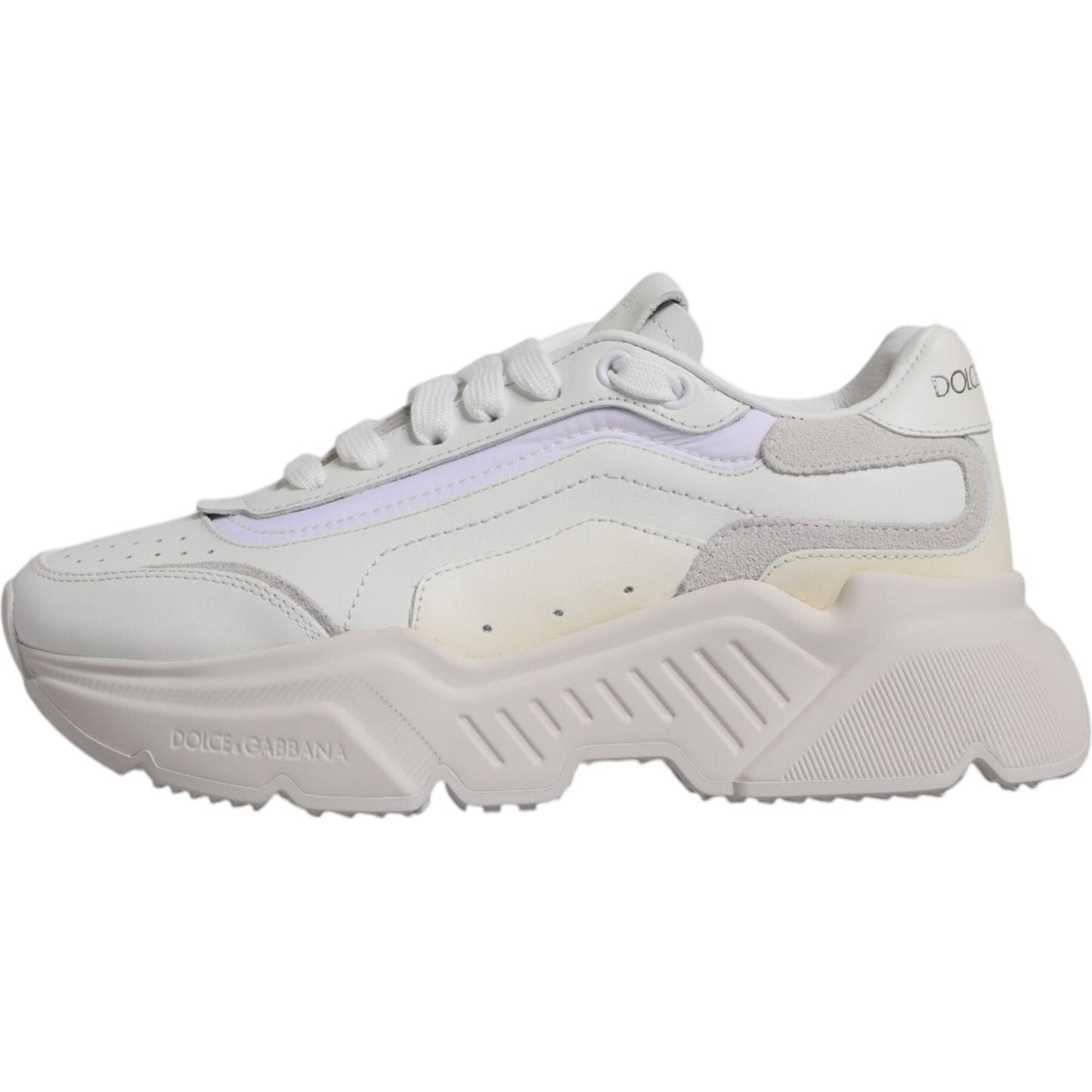 Dolce & Gabbana White Daymaster low-top sneakers with leather and nylon, featuring rubber sole, made in Italy with minor discoloration.