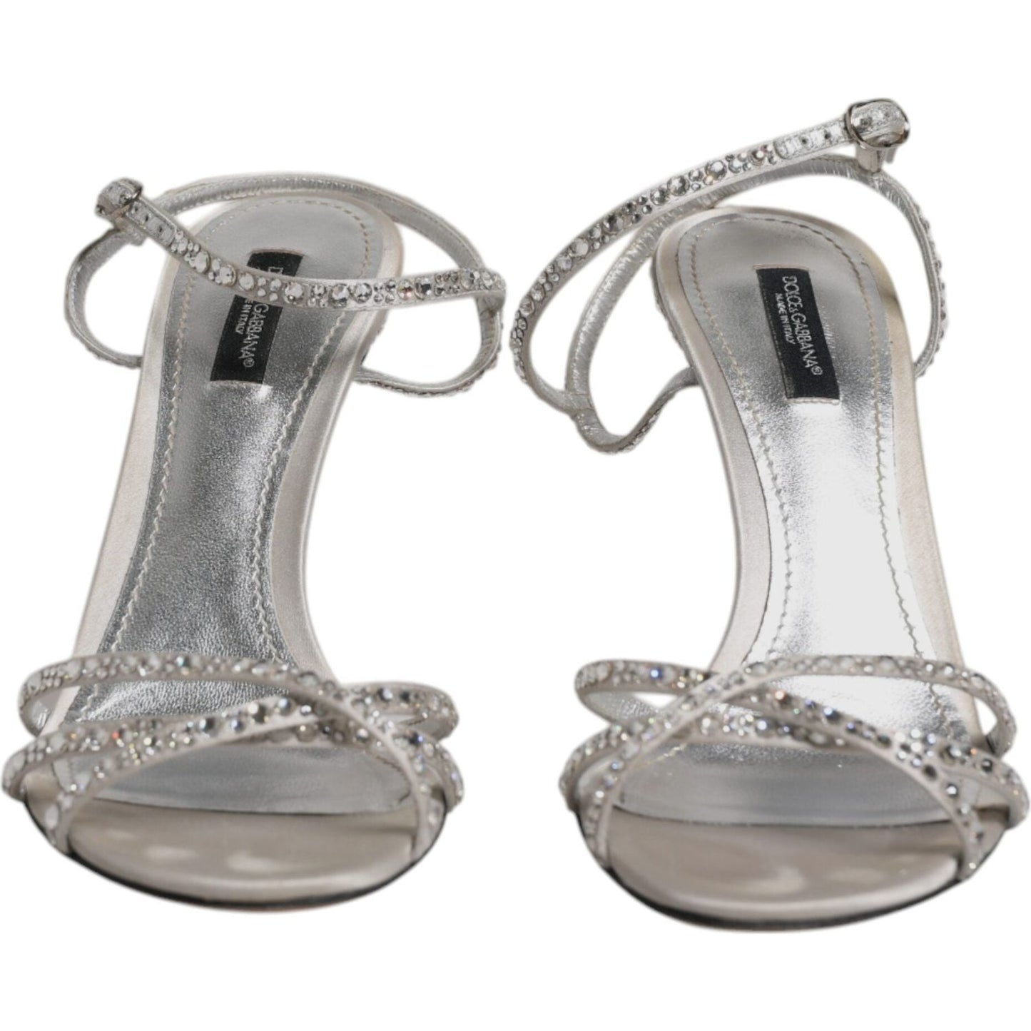 Dolce & Gabbana Silver Crystal Ankle Strap Sandals with Logo, Embellished Design, Leather Sole, Luxury Fashion Footwear