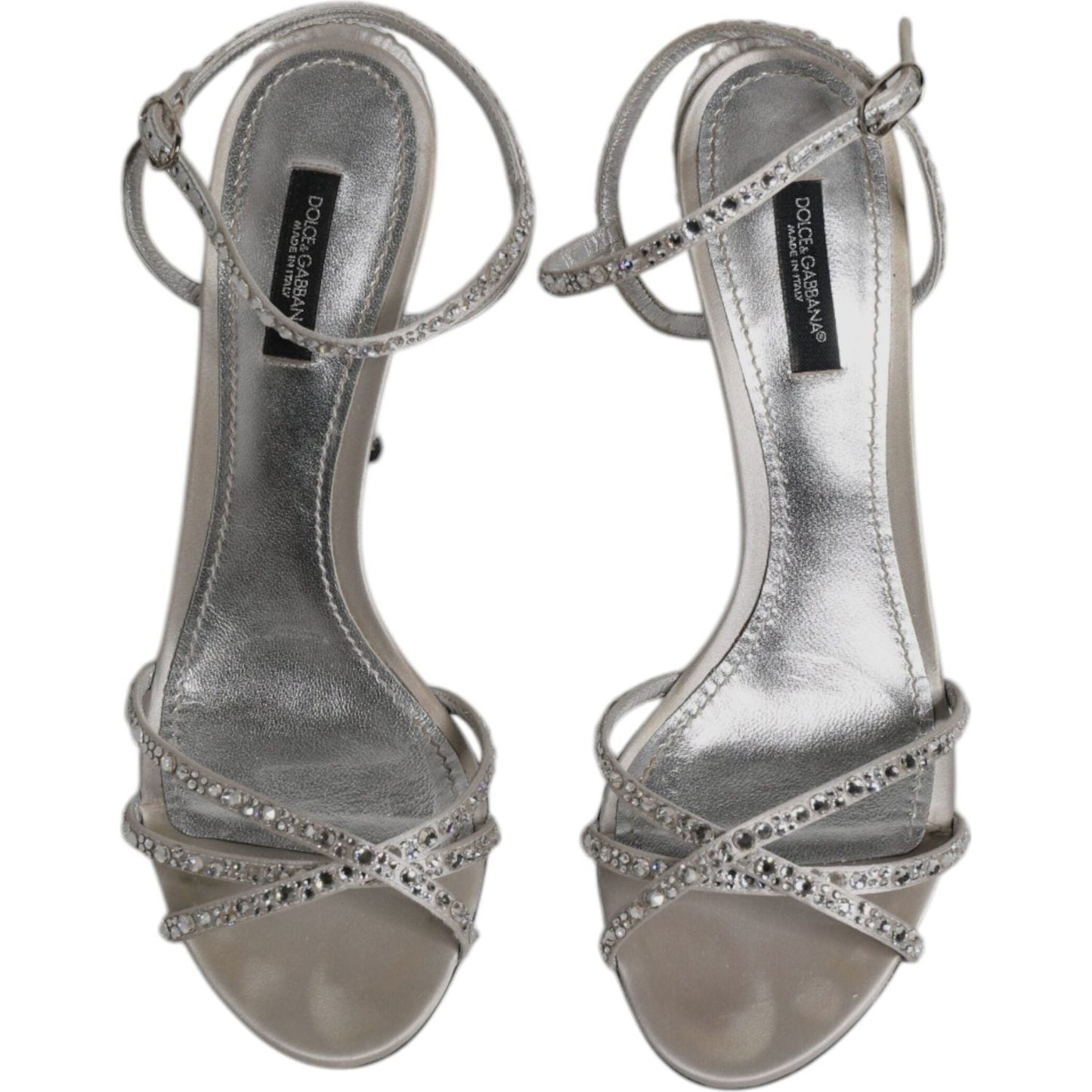 Dolce & Gabbana Silver Crystal Ankle Strap Sandals with buckle closure, silk and viscose blend, leather sole, elegant design.